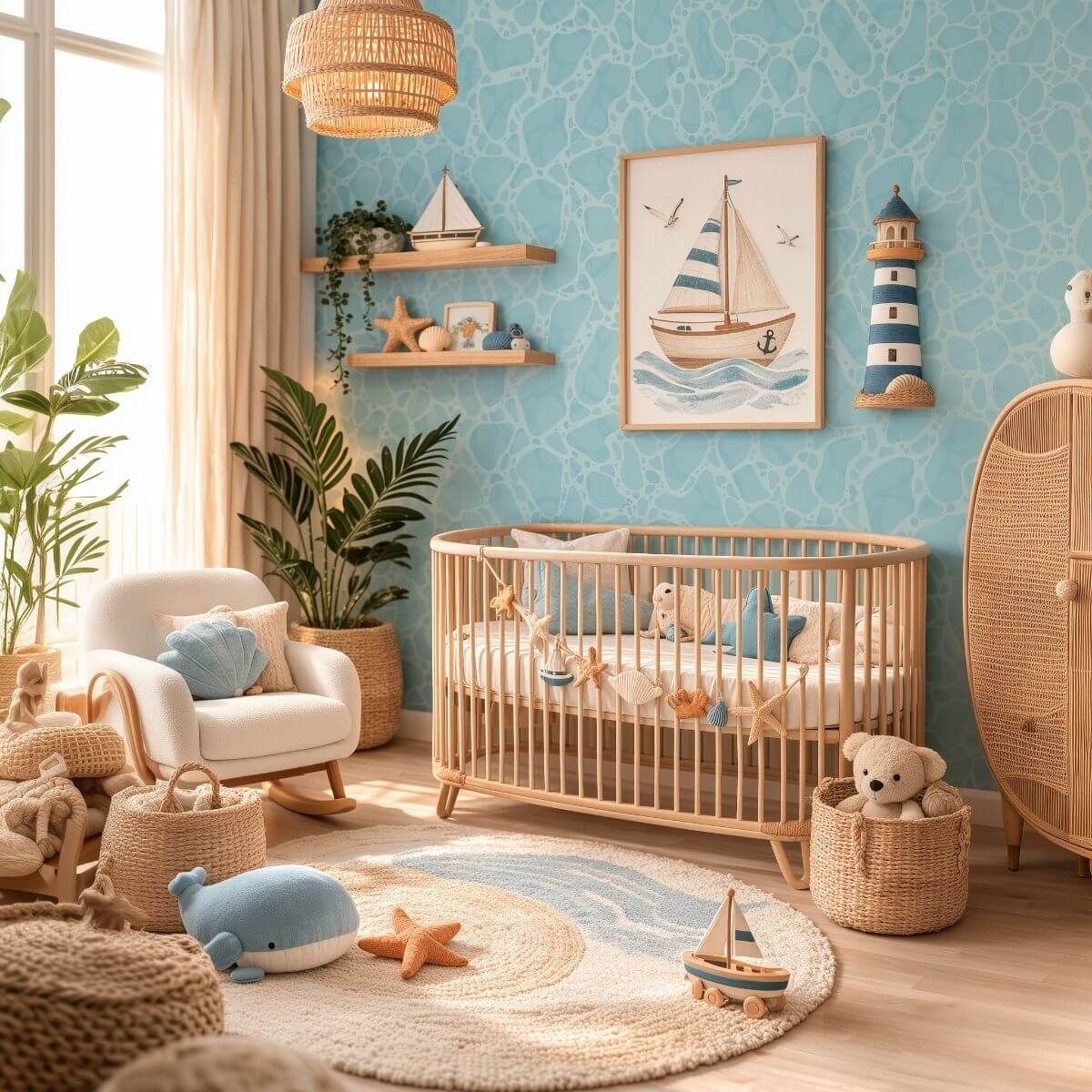 Calm nautical nursery with blue water wallpaper, a natural wood crib, sailboat art, and soft coastal decor.