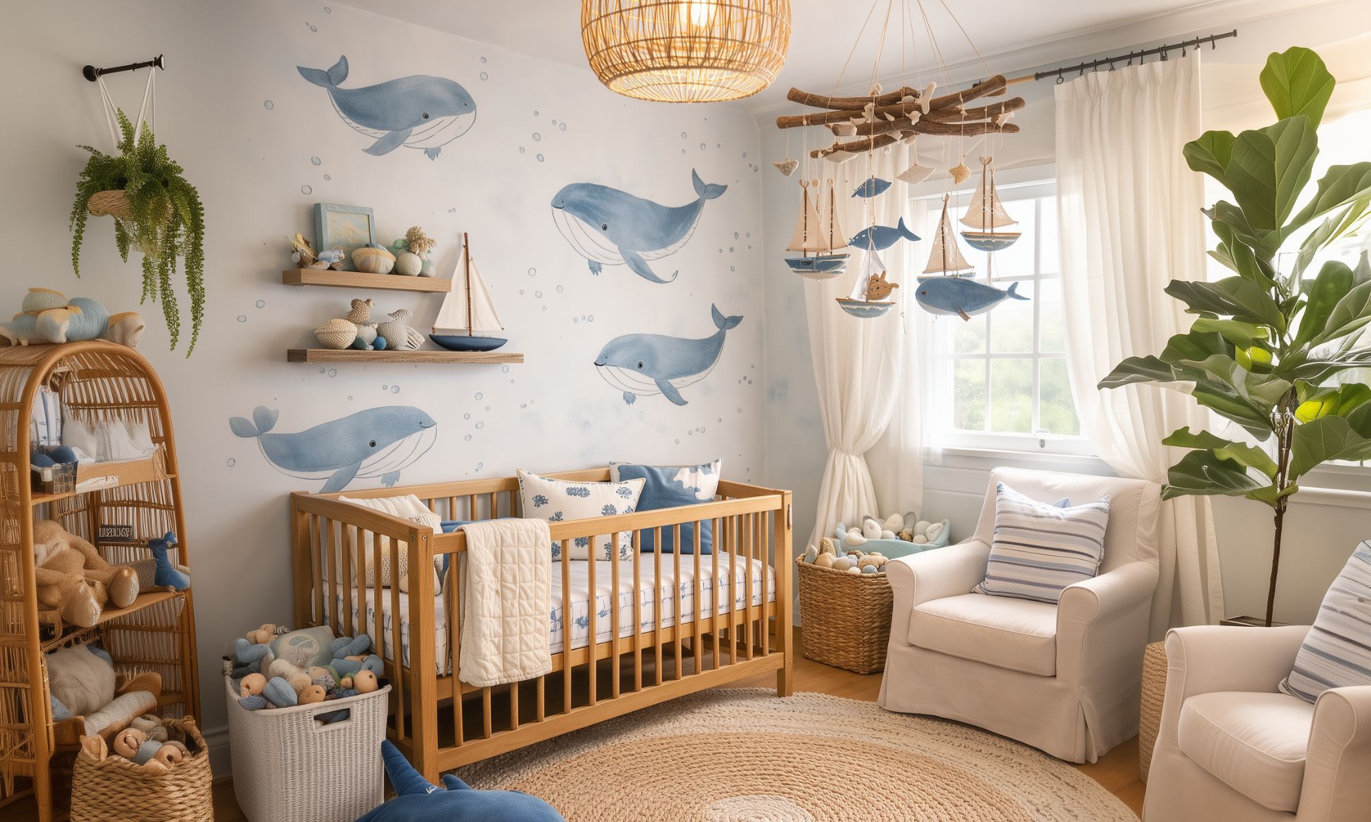 Calm coastal nursery with soft blue walls, a natural wood crib, and subtle nautical accents