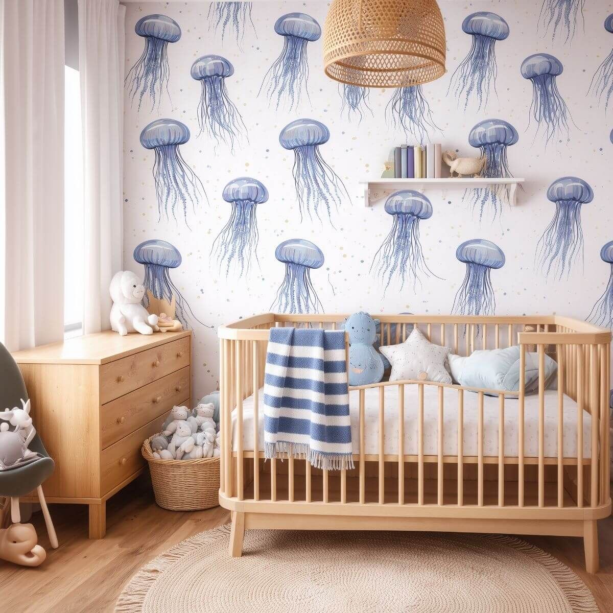 Coastal nursery with jellyfish wallpaper, a curved wood crib, striped blanket, and calm ocean-inspired decor.
