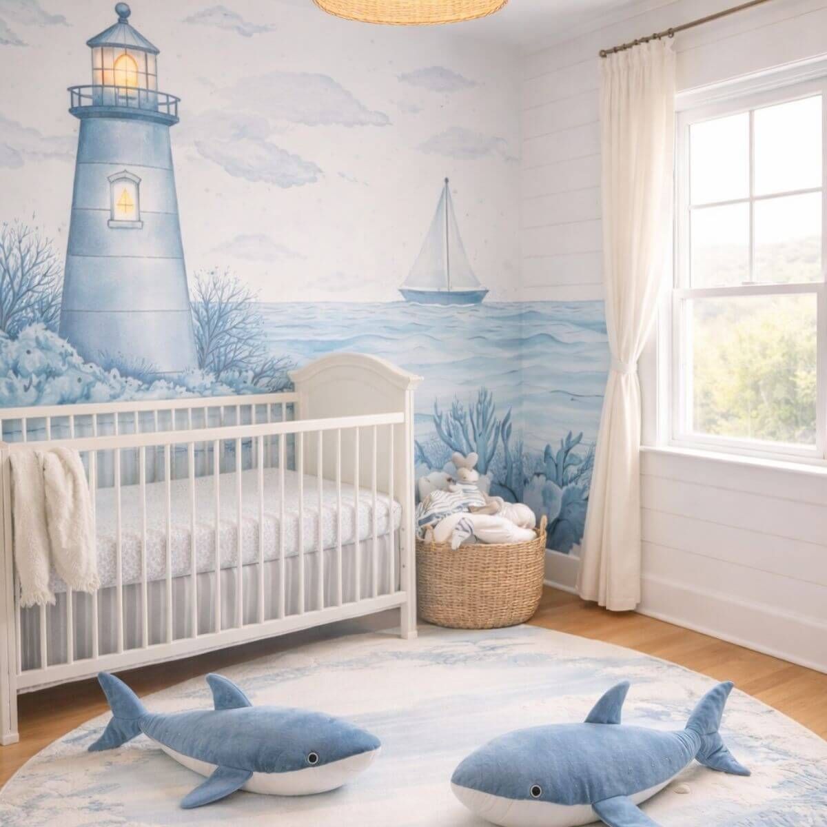 Coastal nursery with a lighthouse mural, white crib, ocean-inspired rug, and soft blue nautical styling.