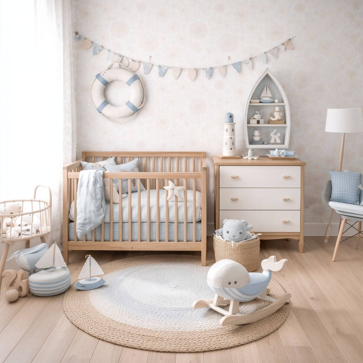 Neutral nautical nursery with soft wallpaper, a natural wood crib, life ring decor, and a boat-shaped shelf.