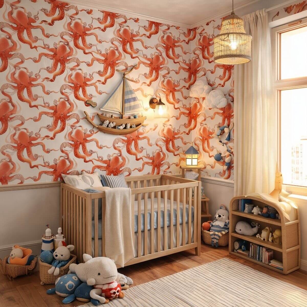 Nautical nursery with playful octopus wallpaper, a wood crib, warm lighting, and soft blue coastal accents.