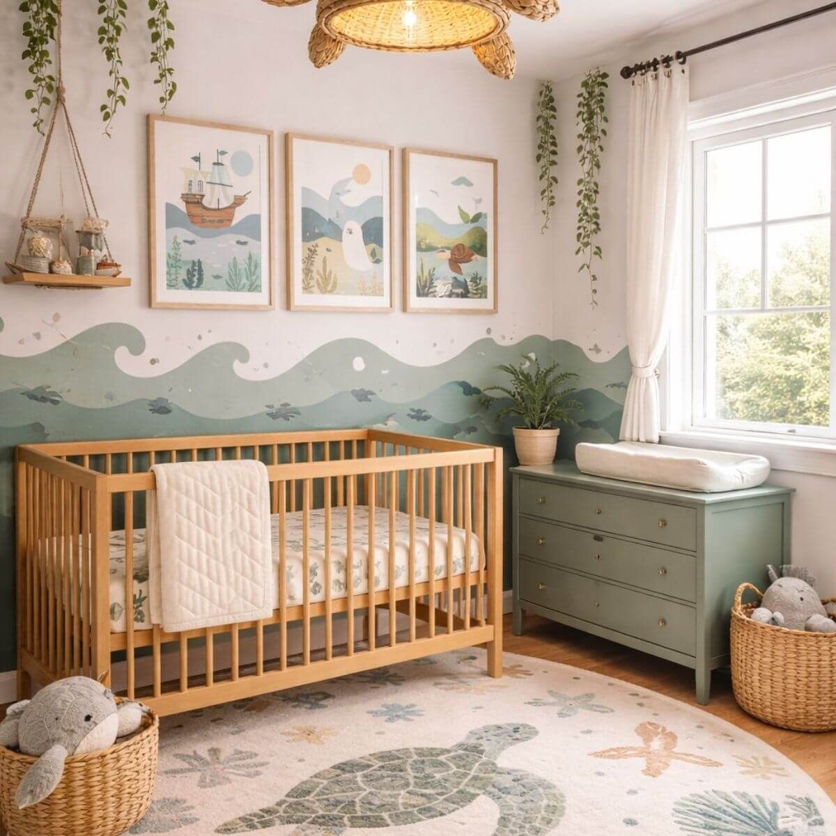 Sea turtle coastal nursery with a wave wall design, wood crib, sage dresser, and ocean-themed rug.