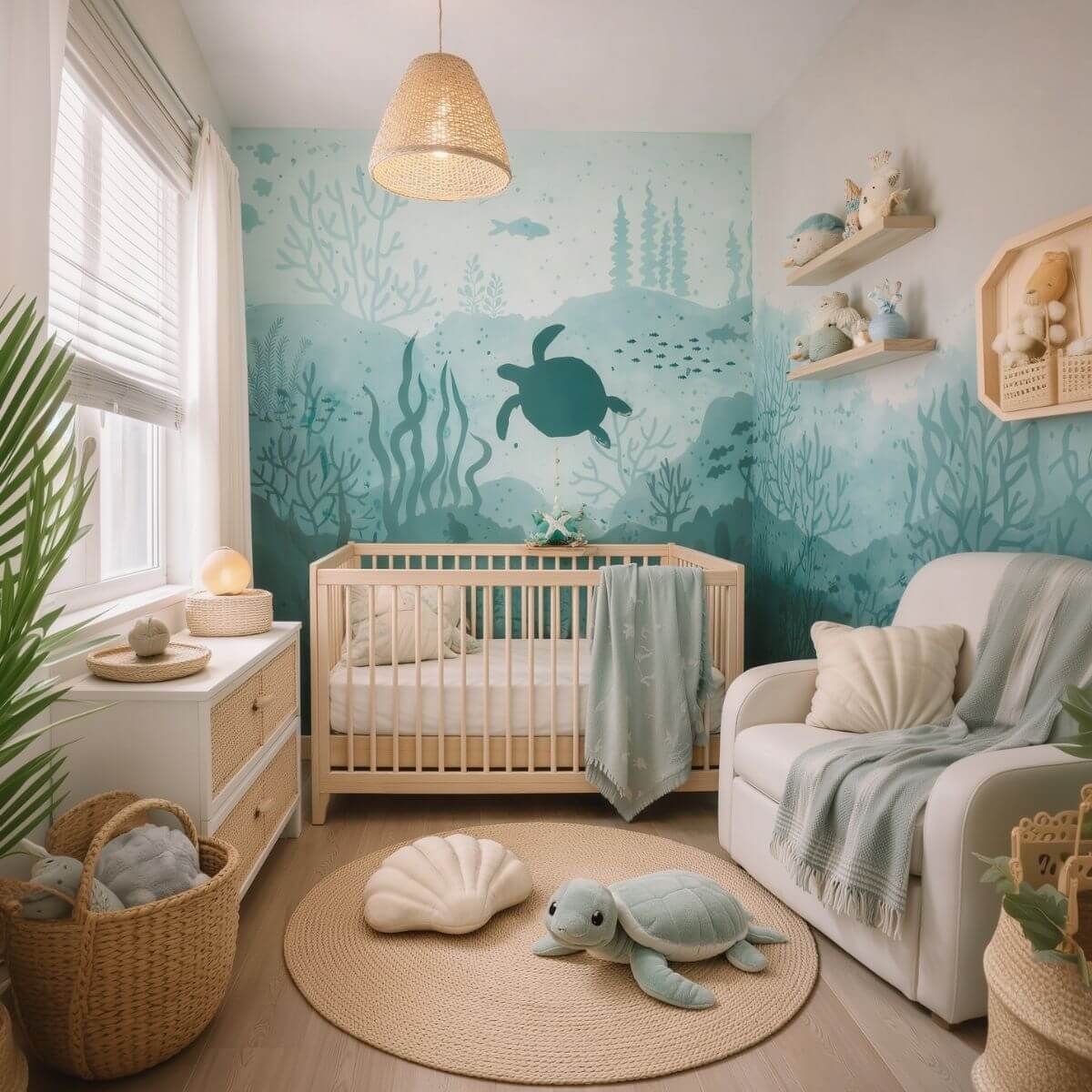 Ocean-themed baby room with an underwater turtle mural, natural wood crib, and soft seafoam coastal decor.