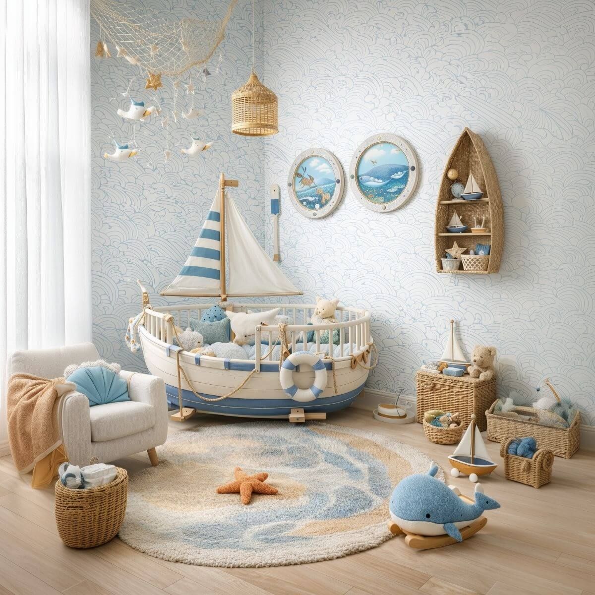 Coastal nursery with soft wave wallpaper, a sailboat crib, woven textures, and light blue nautical decor.