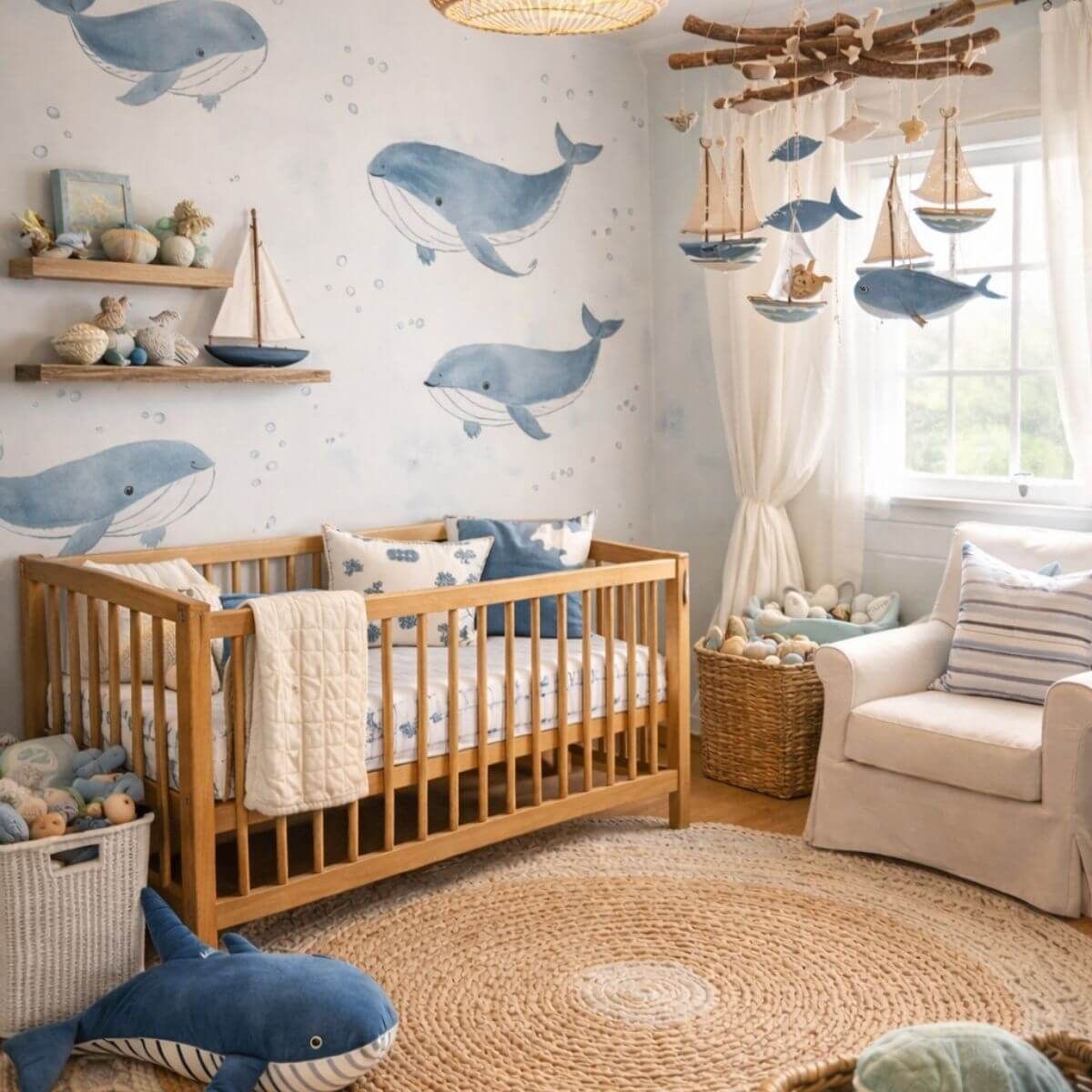 Whale-themed baby room with blue whale wallpaper, a wood crib, woven rug, and hanging sailboat mobile.