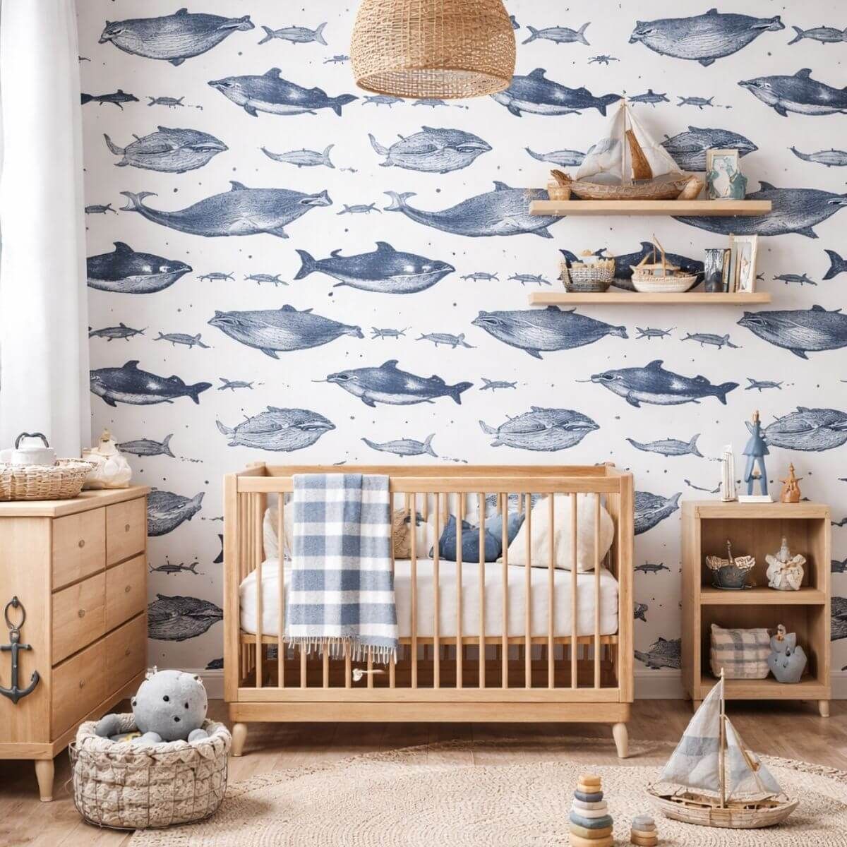 Nautical nursery with blue whale wallpaper, a natural wood crib, woven rug, and classic coastal decor.
