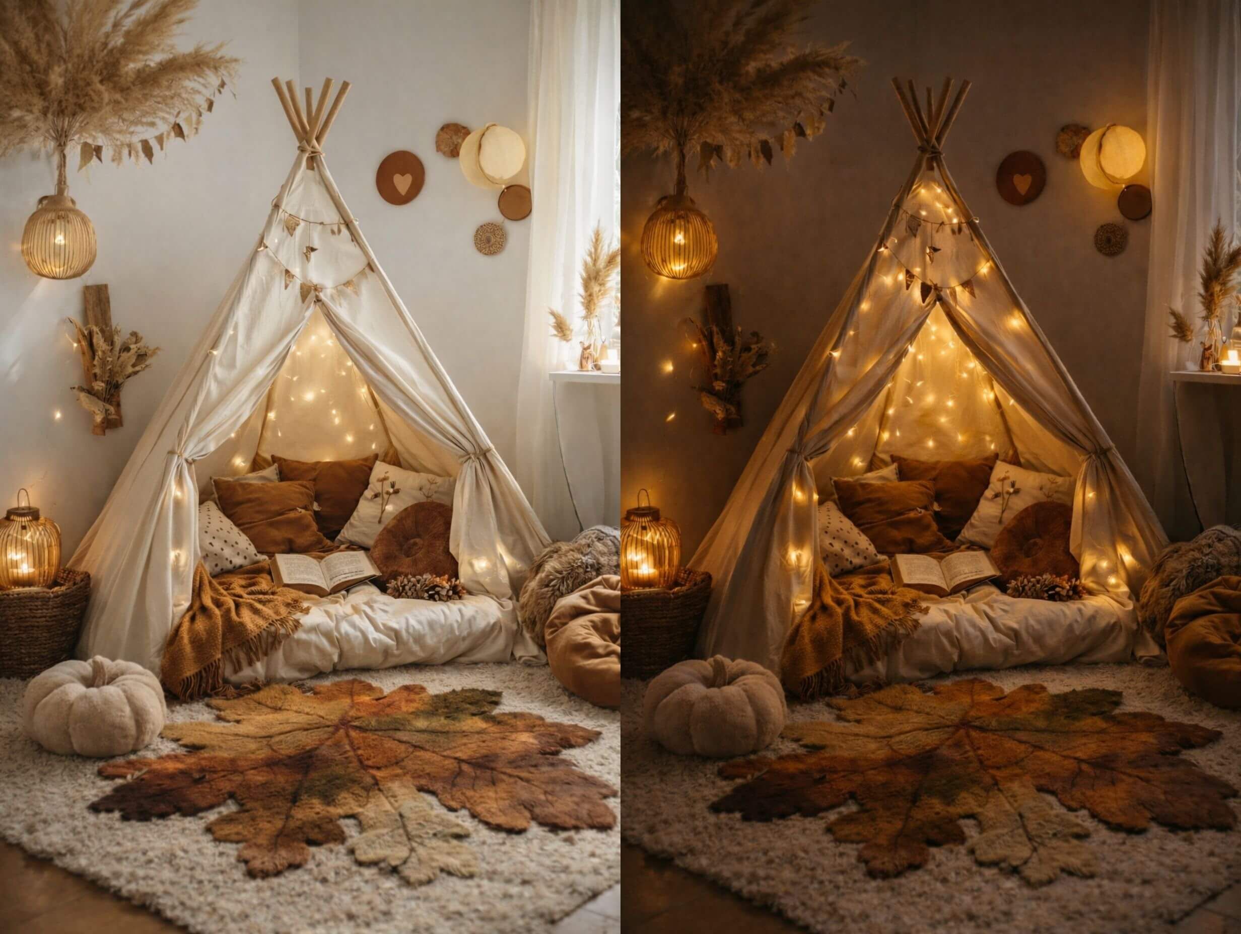 Autumn teepee nursery reading nook with fairy lights, cushions, and a leaf rug