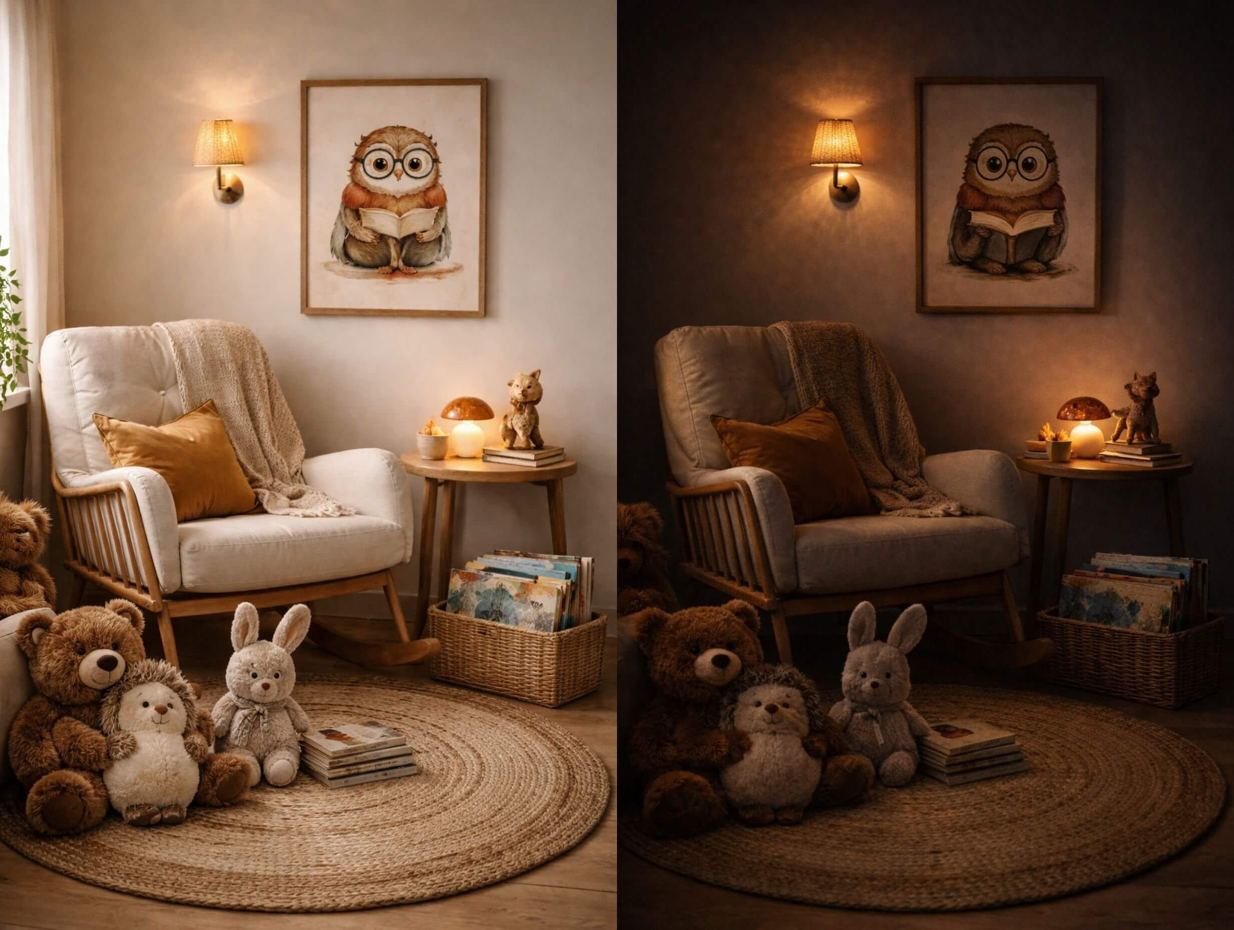 Storybook nursery decor reading corner with a basket of books, plush animals, and framed character art