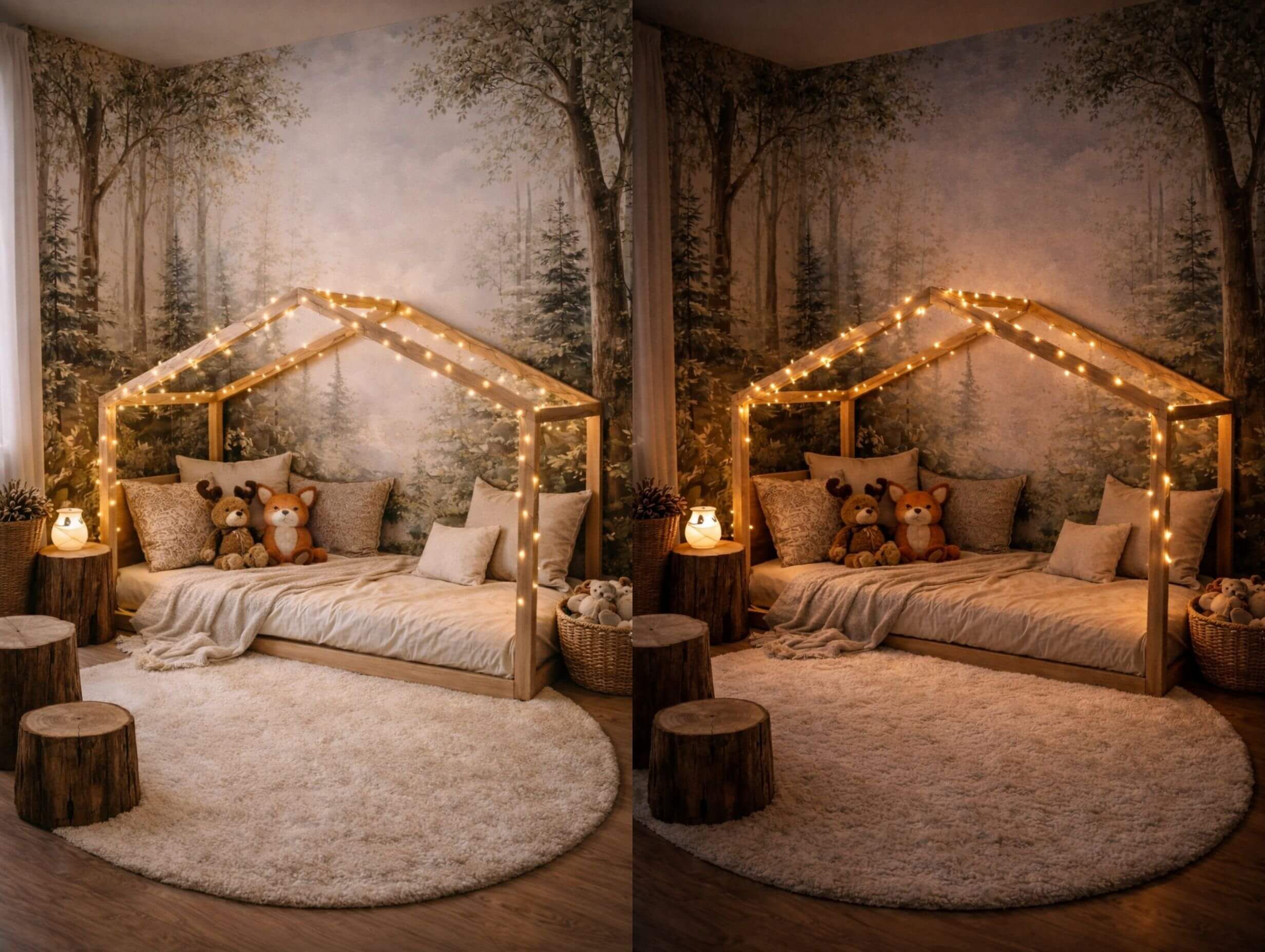 Montessori house bed nursery nook with a house-frame bed, woodland wall mural, and warm string lights