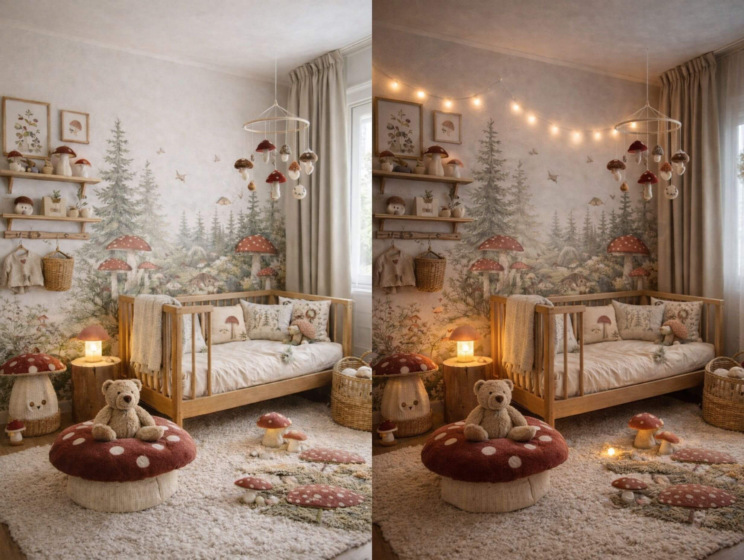 Mushroom nursery decor with a toadstool pouf, soft green rug, and warm neutral bedding