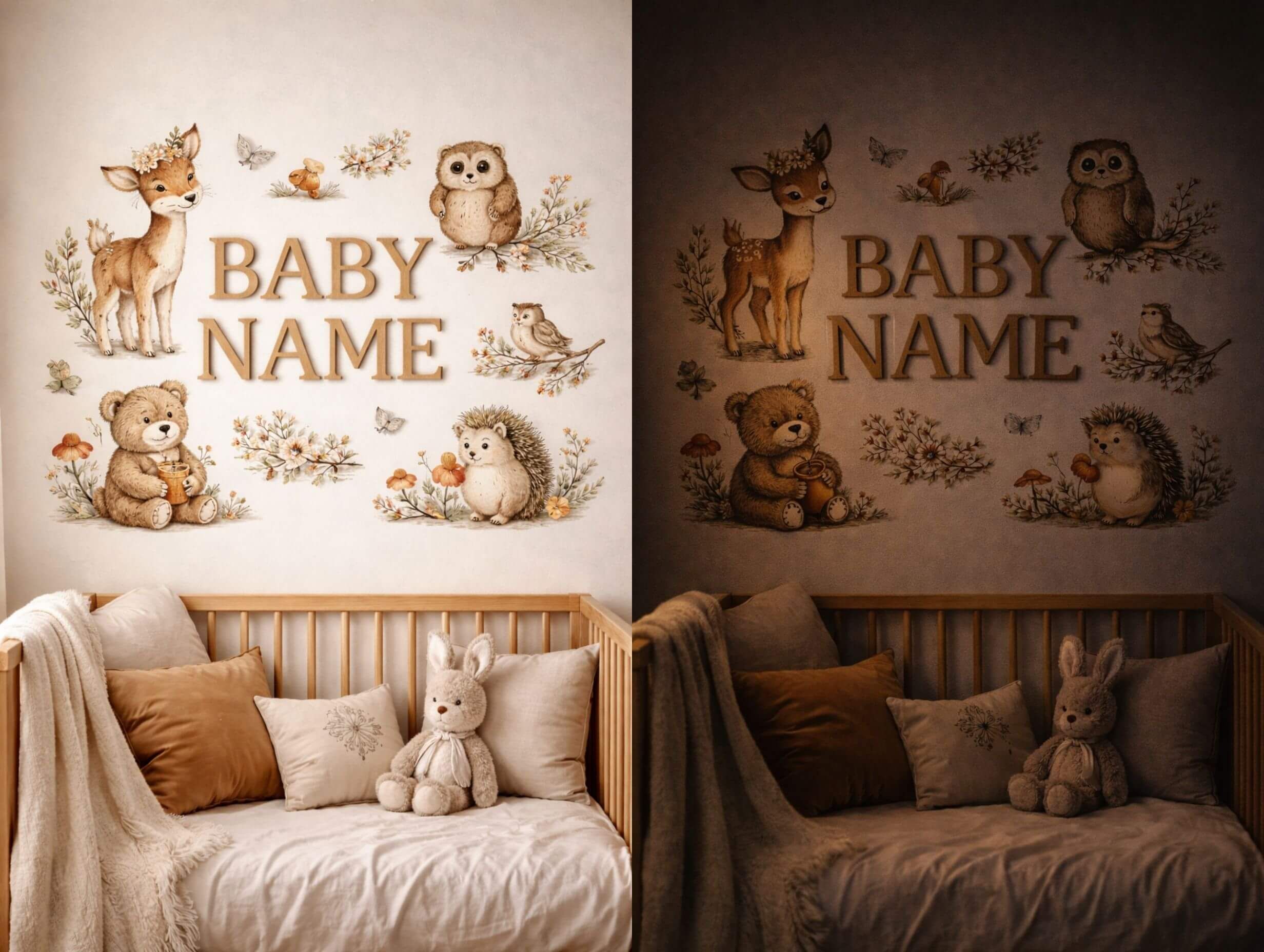 Nursery name wall decor with wooden letters and forest animal prints above a cozy dresser