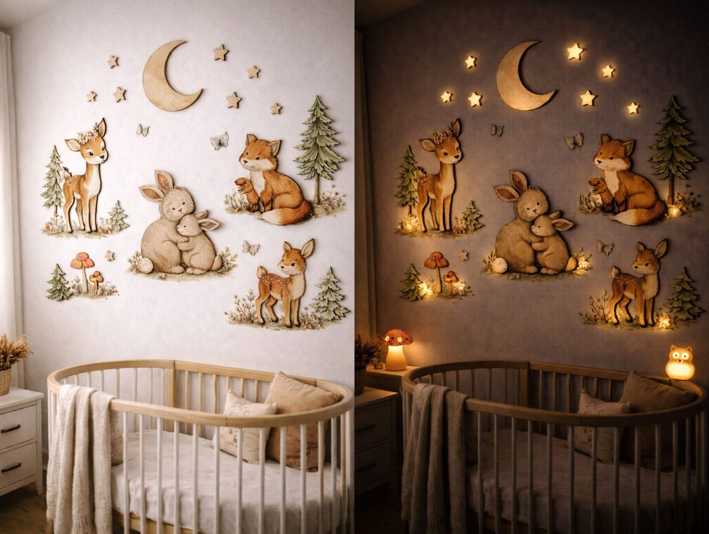 Cozy baby nursery decor ideas using framed prints that move from crib wall to reading corner