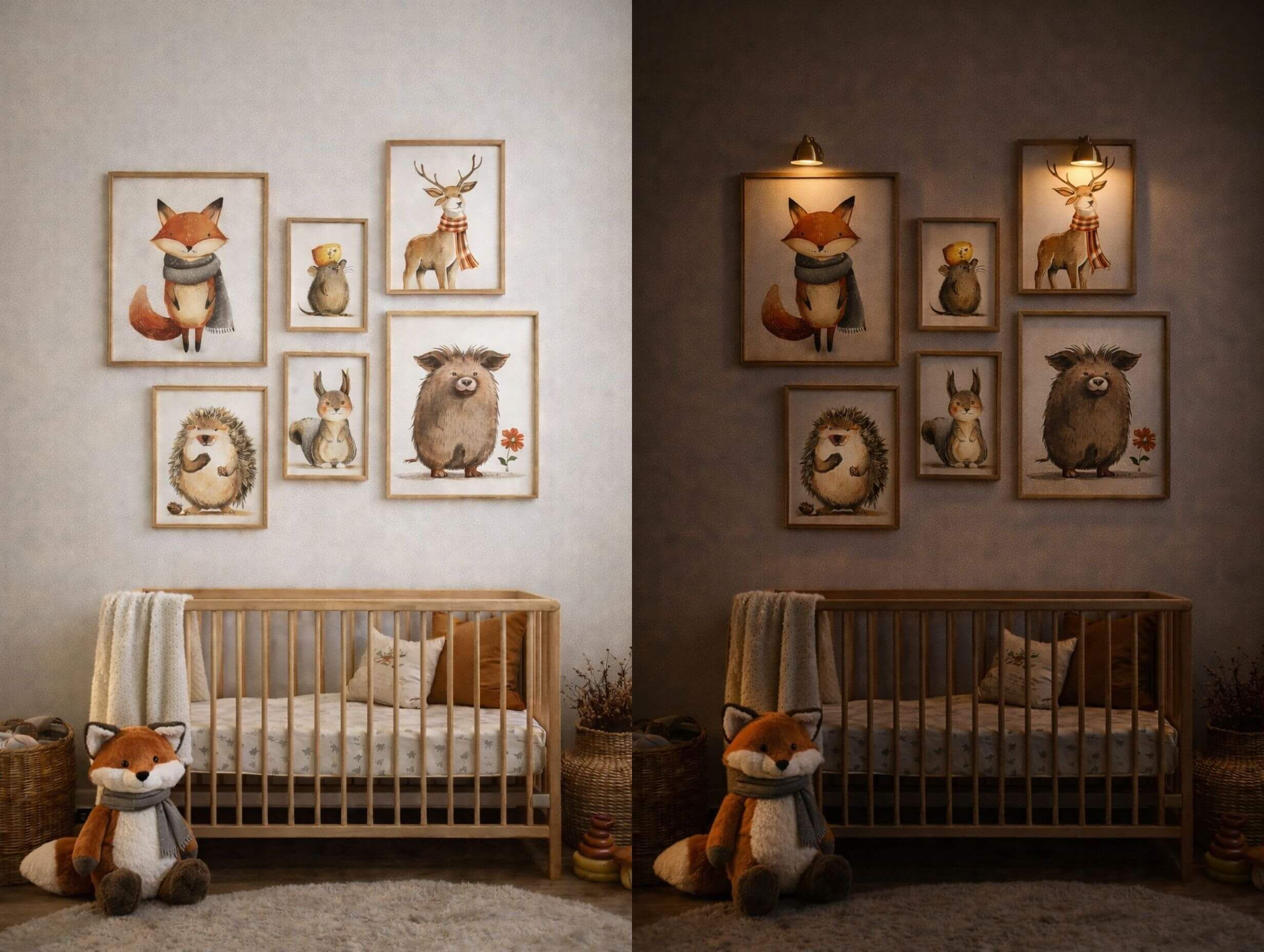 Storybook nursery gallery wall above crib with matching woodland animal prints in wooden frames
