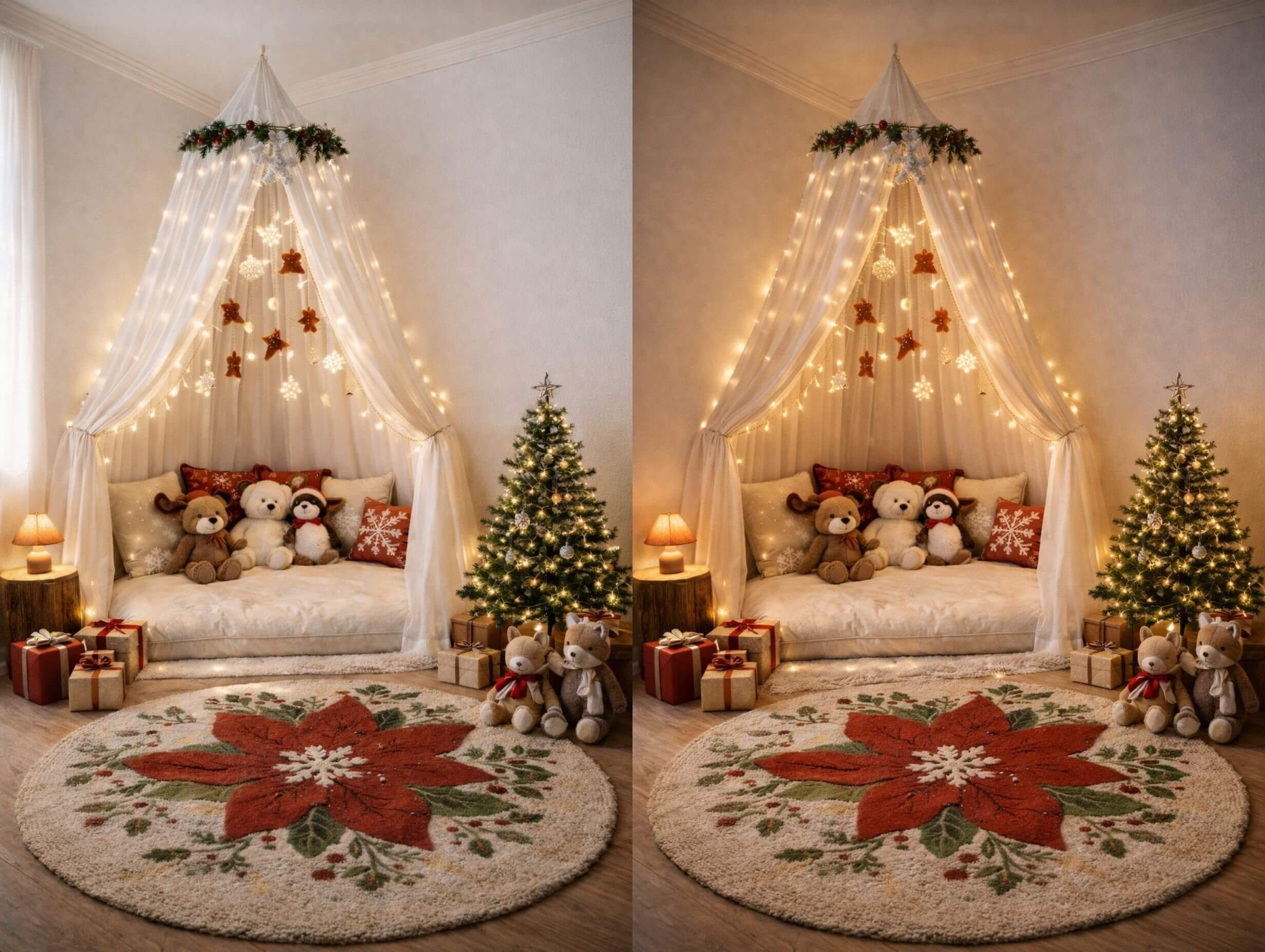 Winter nursery decor snuggle corner with canopy, fairy lights, plush animals, and a round rug