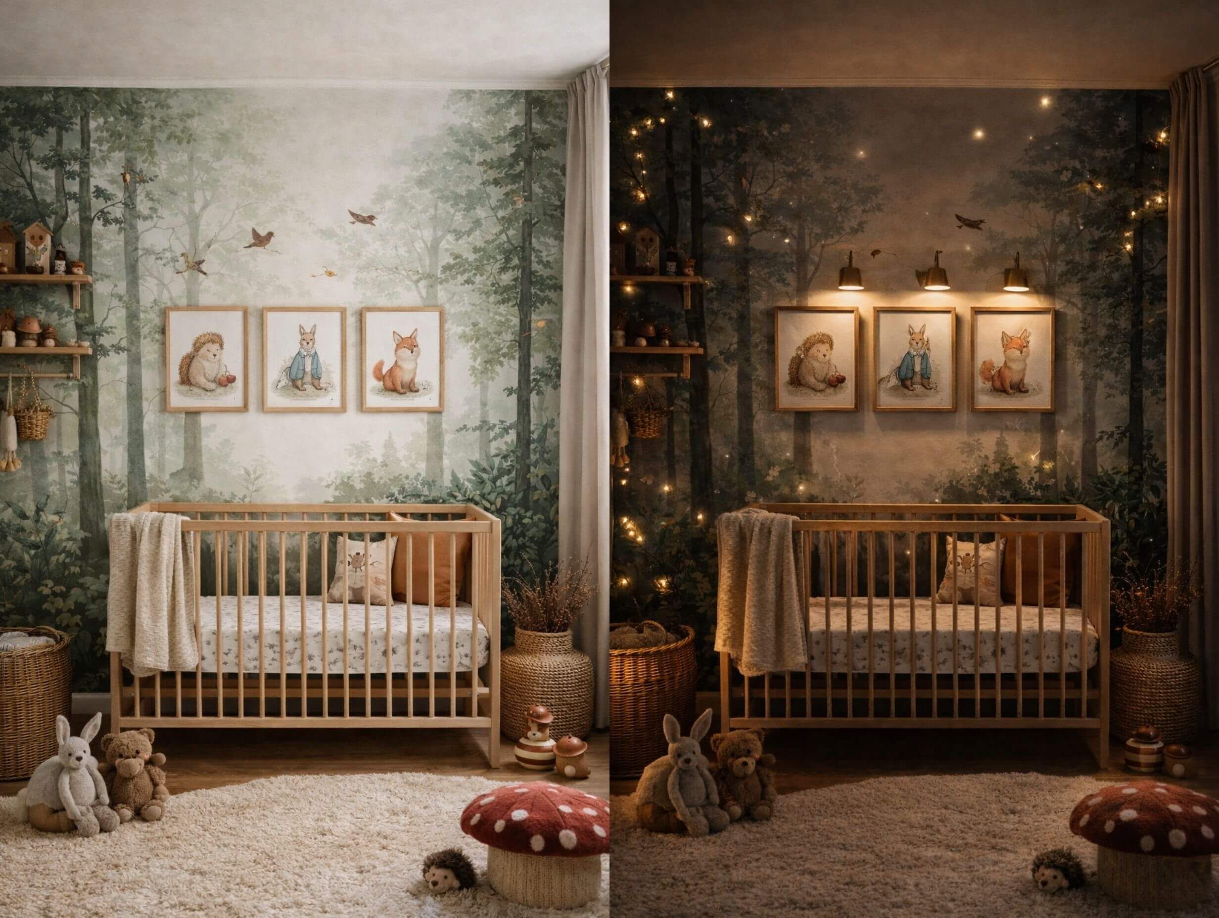 Woodland nursery decor featuring a soft forest nursery wall mural behind a warm wood crib
