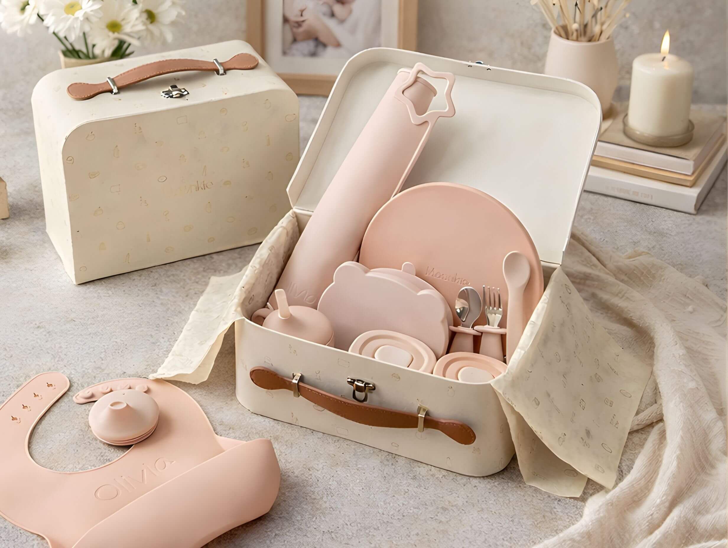 First Bites Gift Set shown with tableware and a luxe gift box.