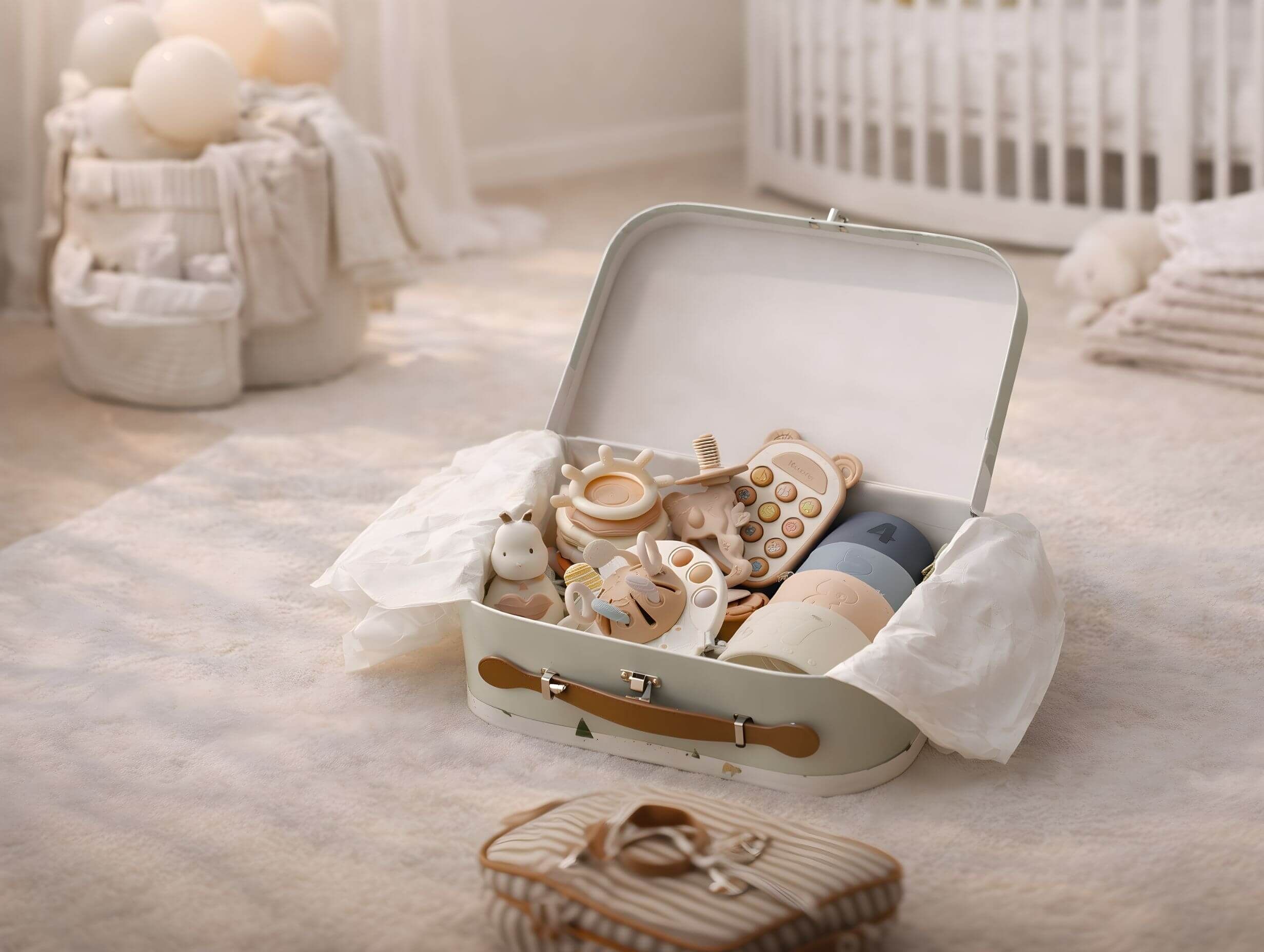 Collage of three practical baby shower gift sets: newborn essentials, first feeding set, and playtime set.