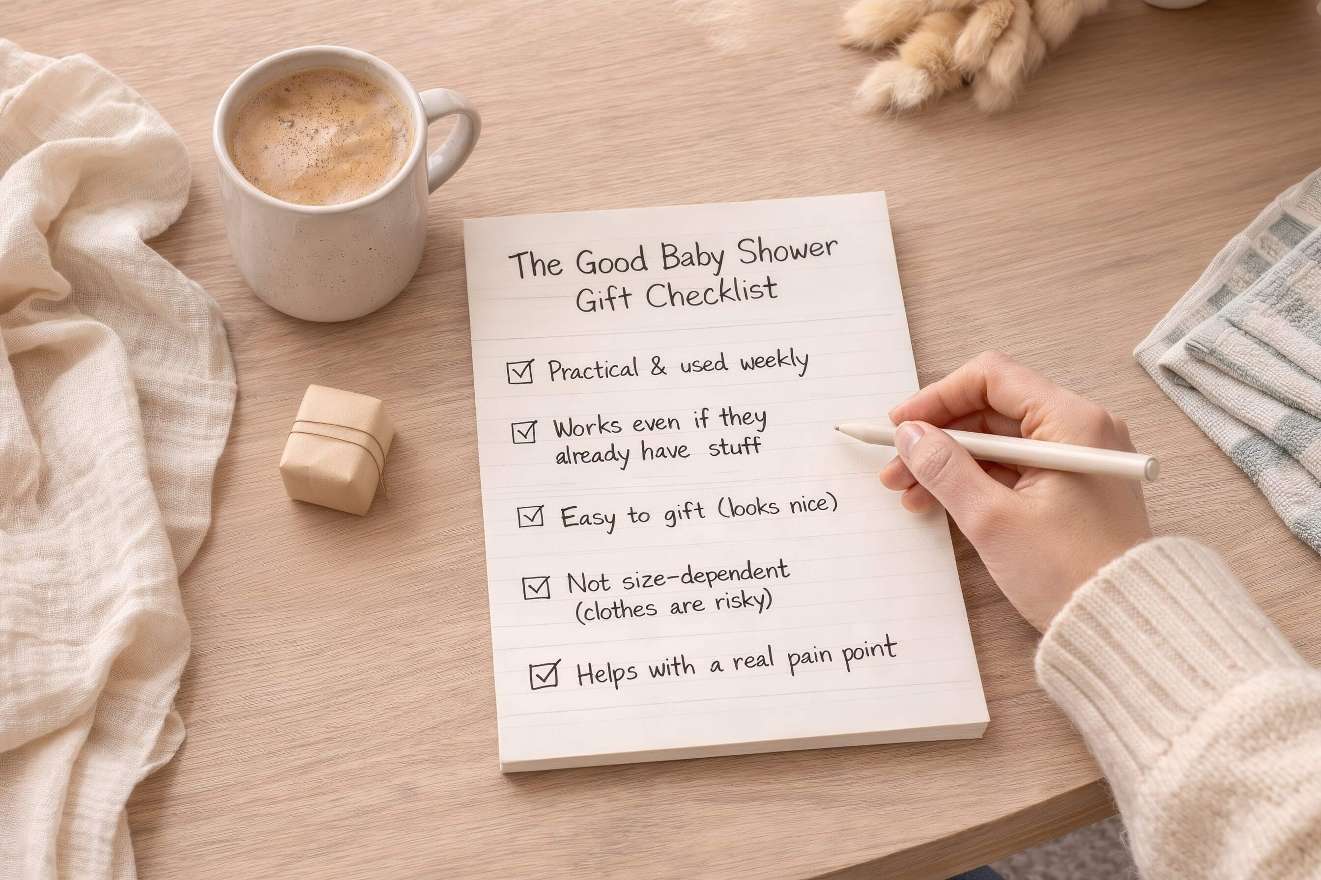 The Good Baby Shower Gift Checklist: practical, used weekly, not size-dependent, solves a real pain point.