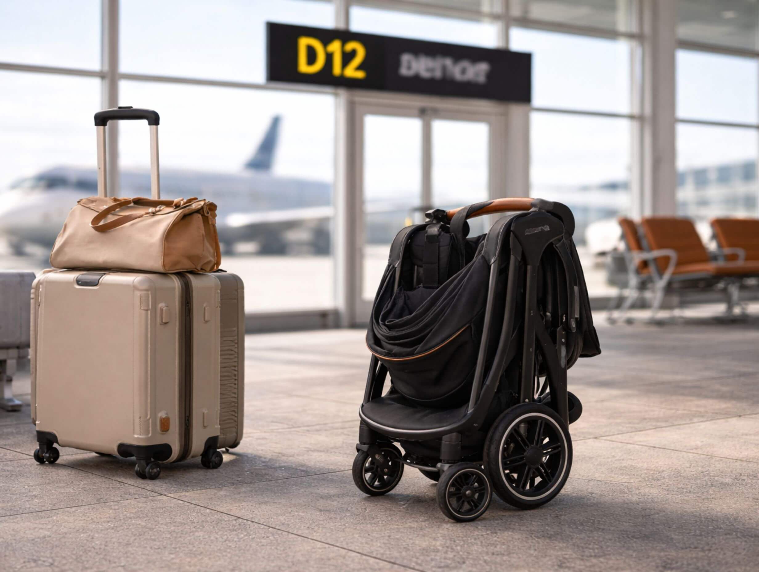 A stroller folding near an airport gate for an easy one-hand moment.