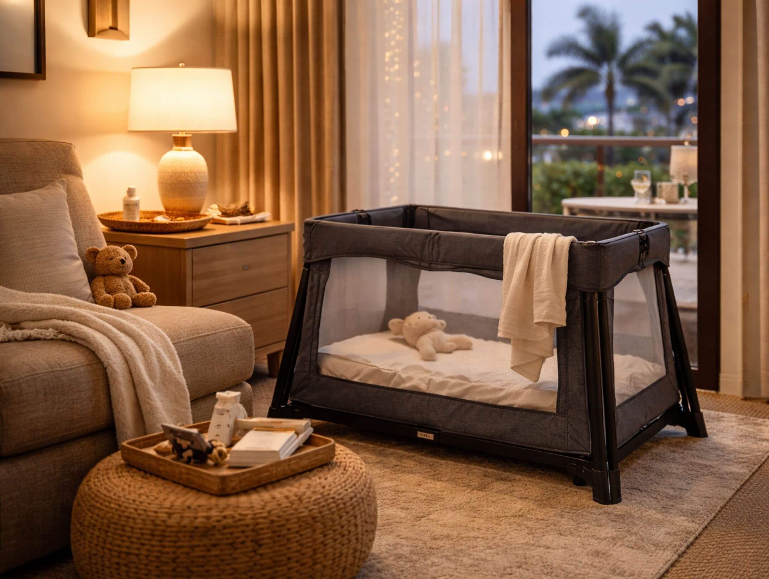 A calm hotel corner with a travel crib and soft lighting.