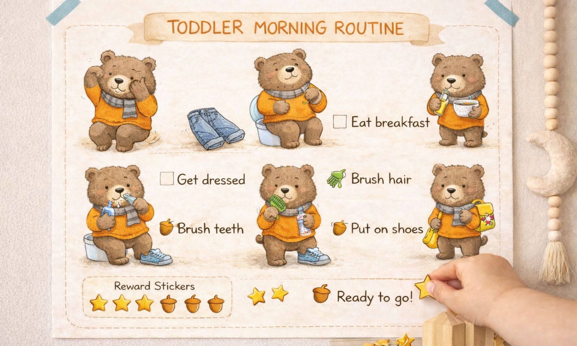Cute hand drawn animal illustrations on a toddler morning routine chart