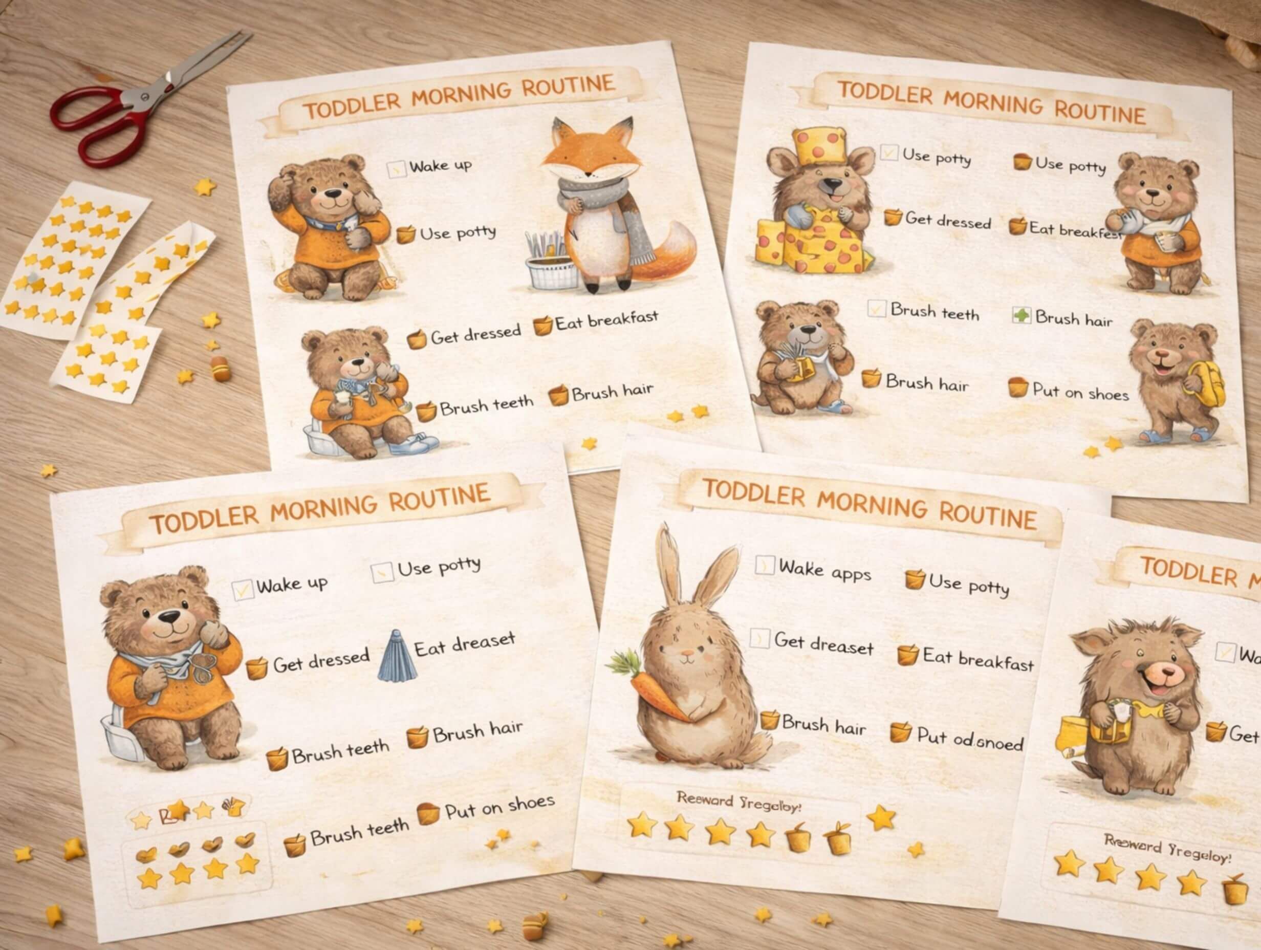 Printable toddler morning routine charts with cute hand drawn animal illustrations