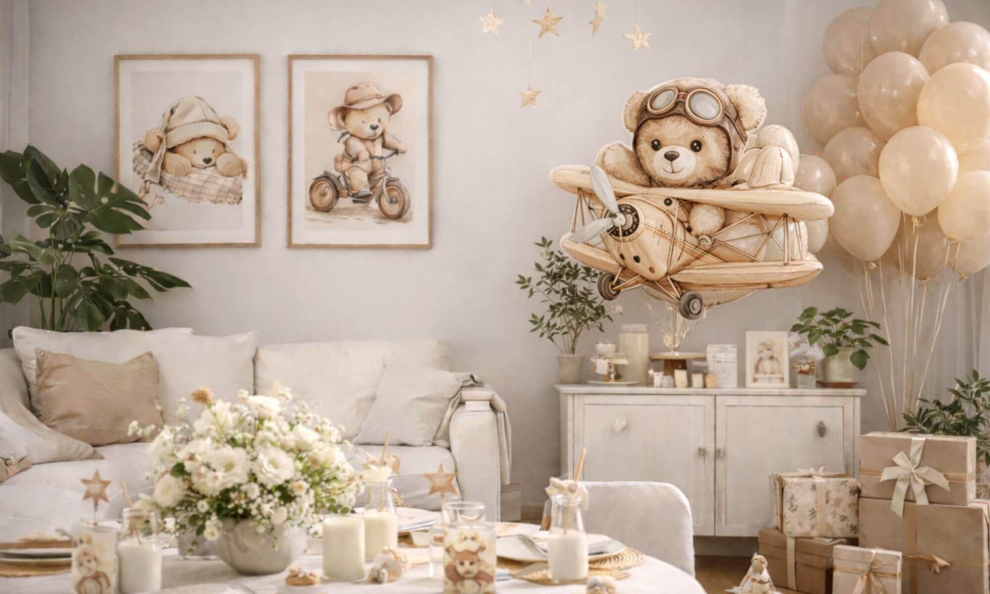 Whimsical hand-drawn characters on wall art at a boy baby shower