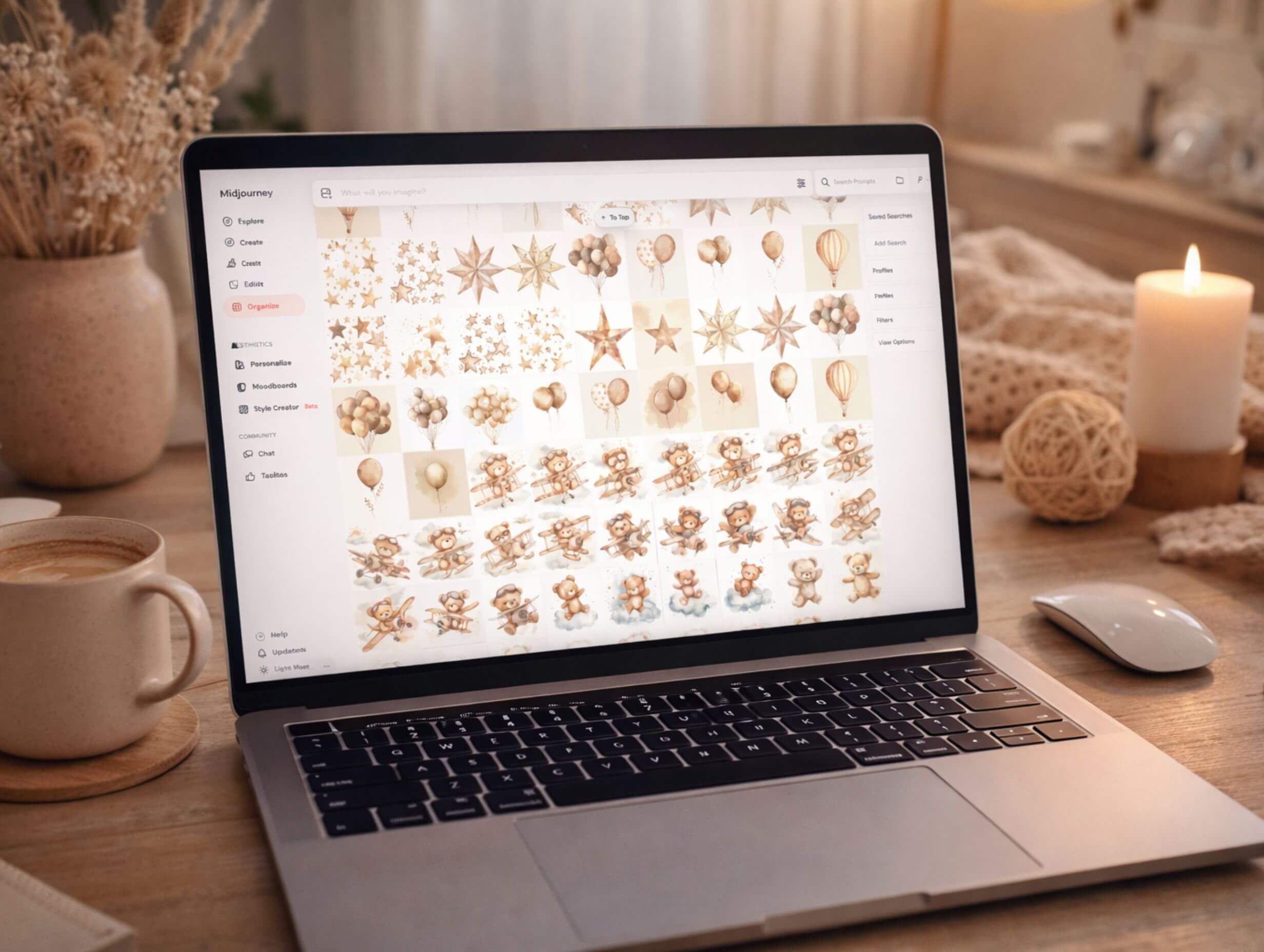 Laptop showing a Midjourney grid of teddy bear clipart, balloons, and stars on a cozy desk