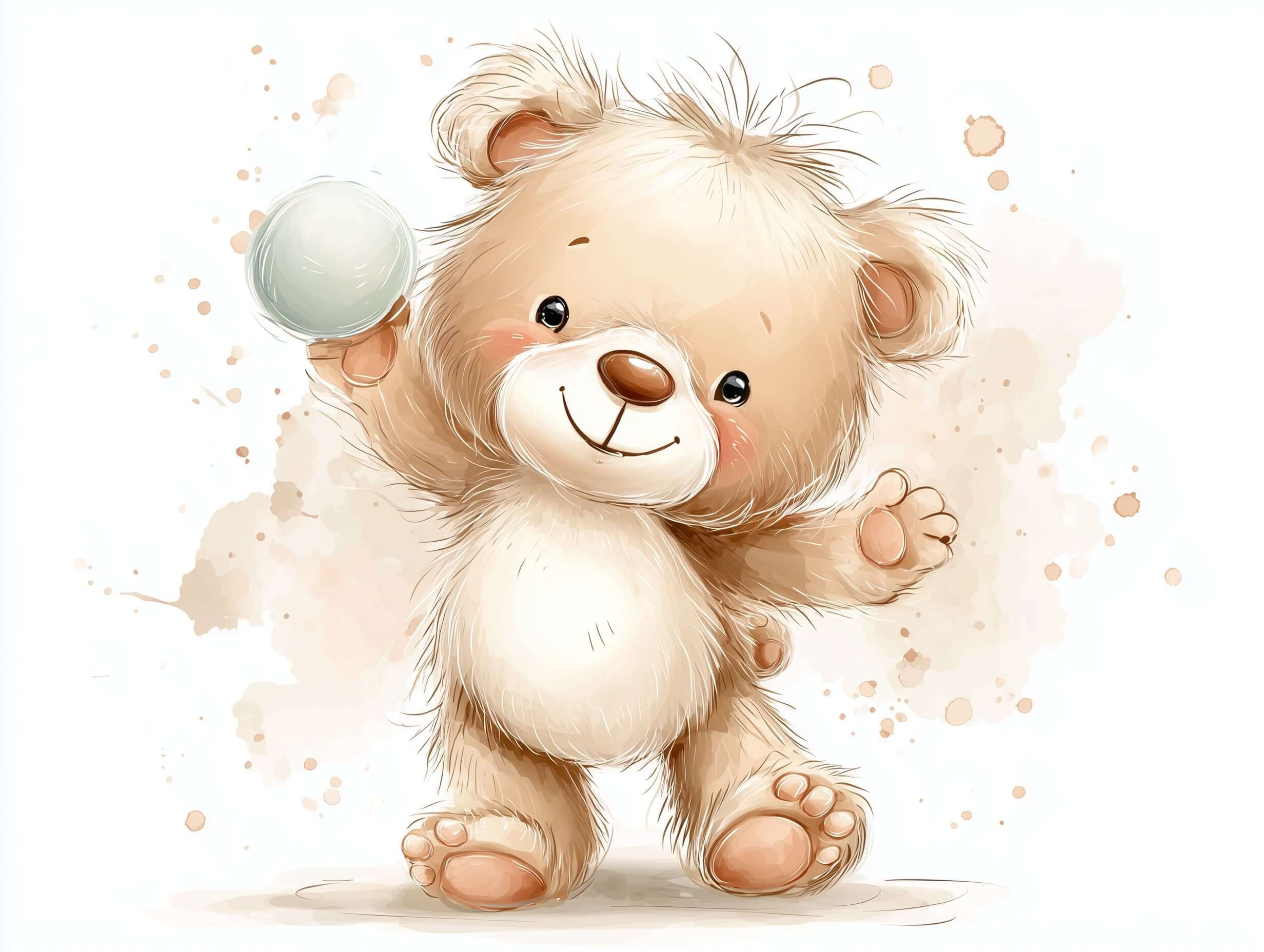hand drawn watercolor teddy bear holding a pastel blue ball on a white background, baby boy teddy bear baby shower clipart