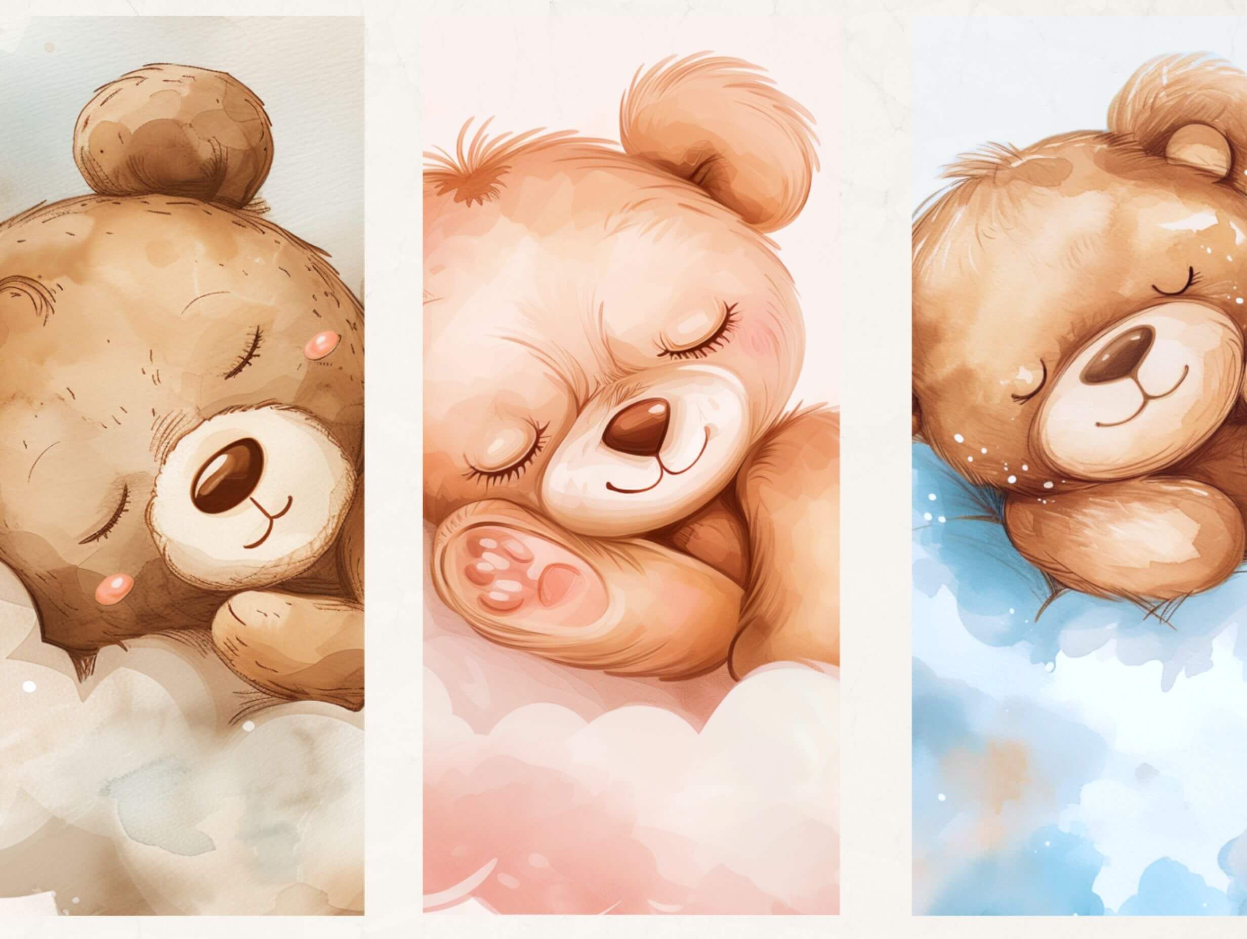 Three watercolor teddy bears sleeping on clouds in neutral, pink, and blue palettes
