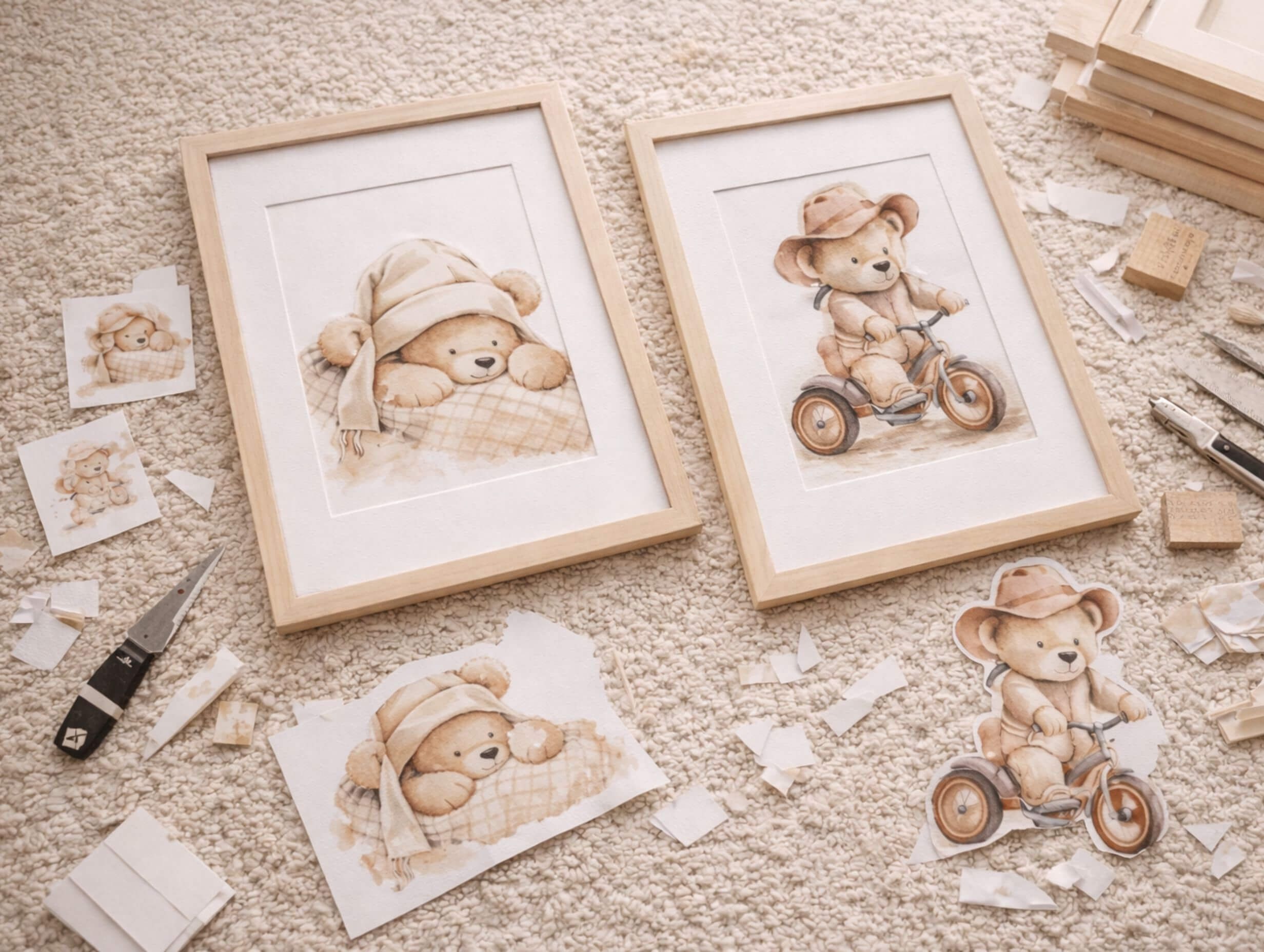 Framed teddy bear nursery prints with cutout pieces and craft tools on a soft rug