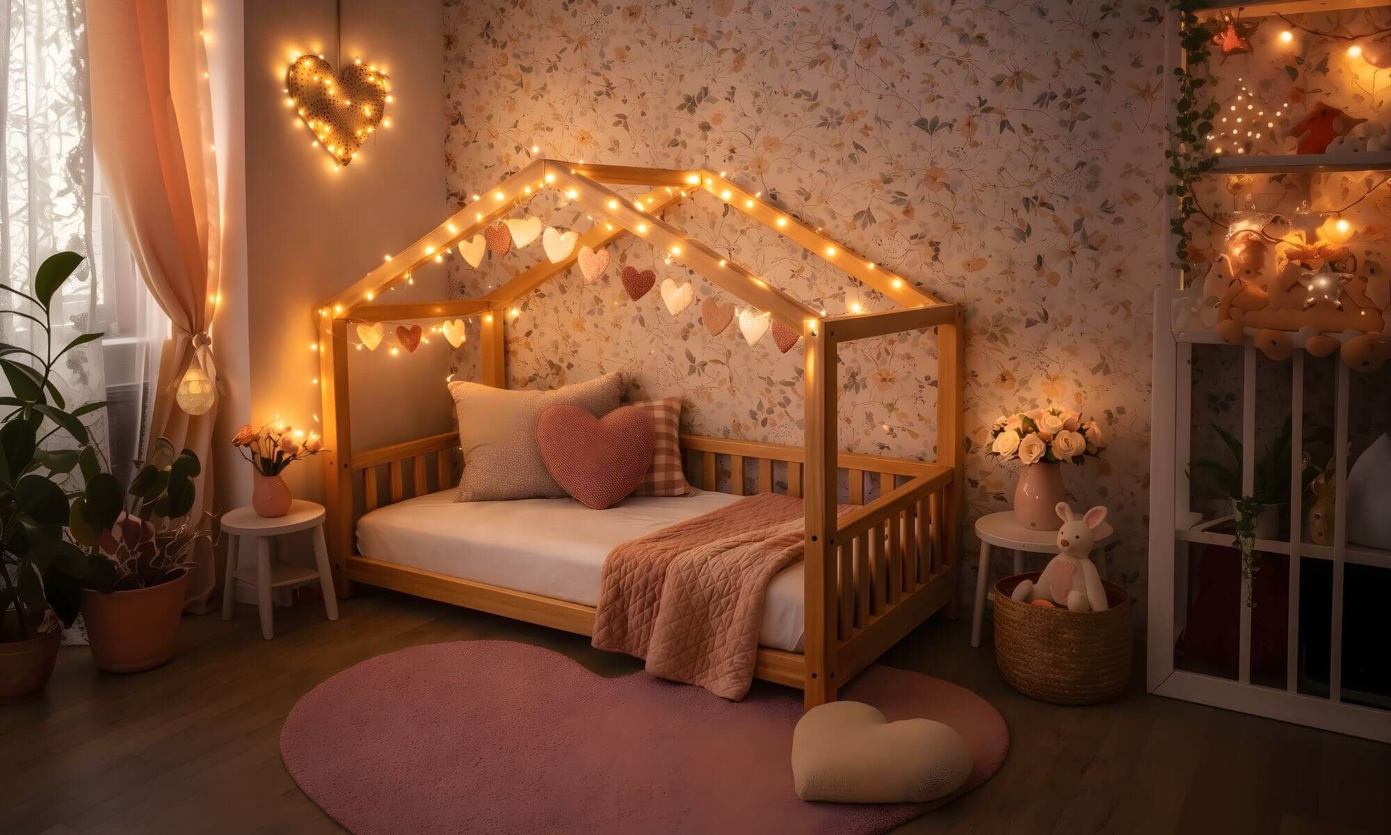 Soft Valentine's Day nursery decor with heart accents, pastel textiles, and gentle animal motifs.