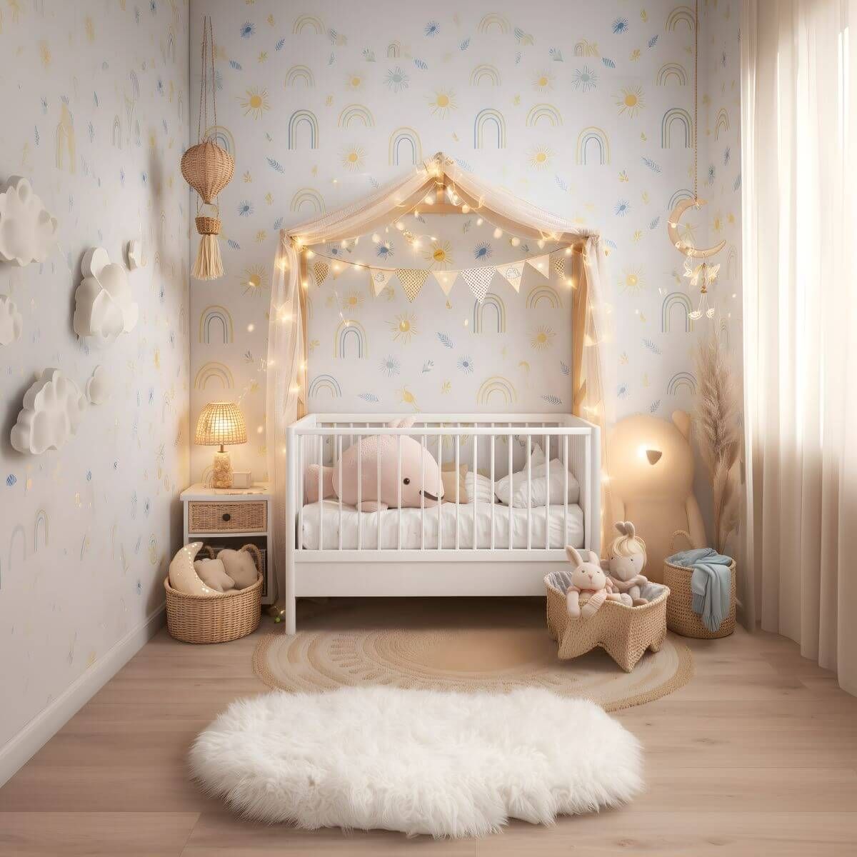 Small nursery with rainbow and sun wallpaper, white crib under a canopy frame with warm string lights, and soft neutral rugs.