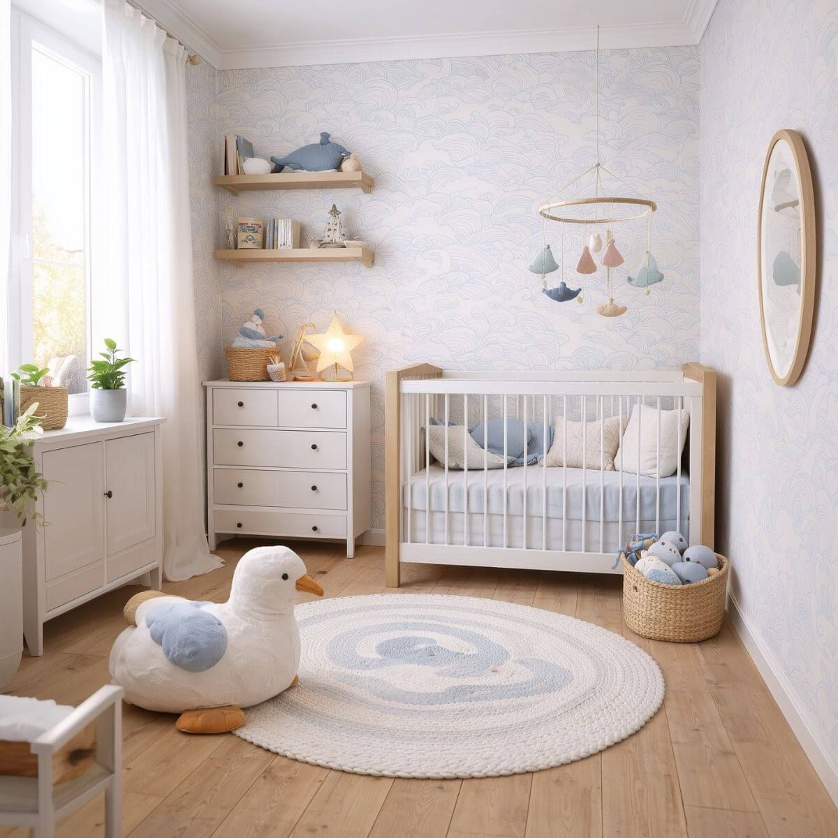 Small coastal nursery with wave wallpaper, white-and-wood crib, floating shelves, and a round rug.