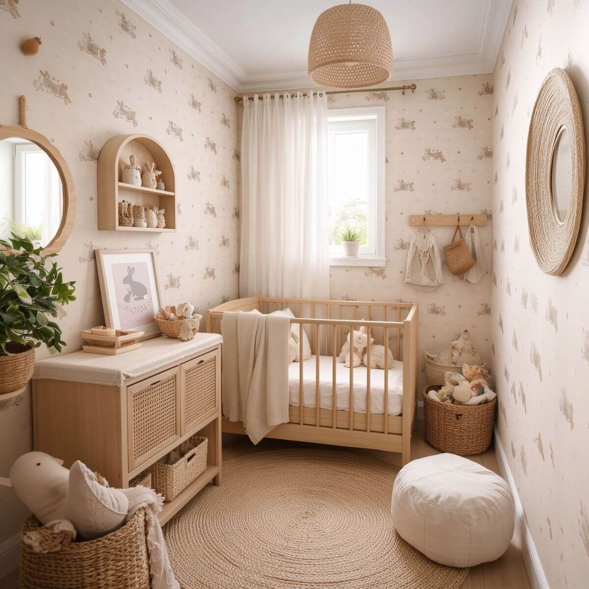 Small neutral nursery with natural wood crib, woven pendant light, round jute rug, and warm beige animal wallpaper.