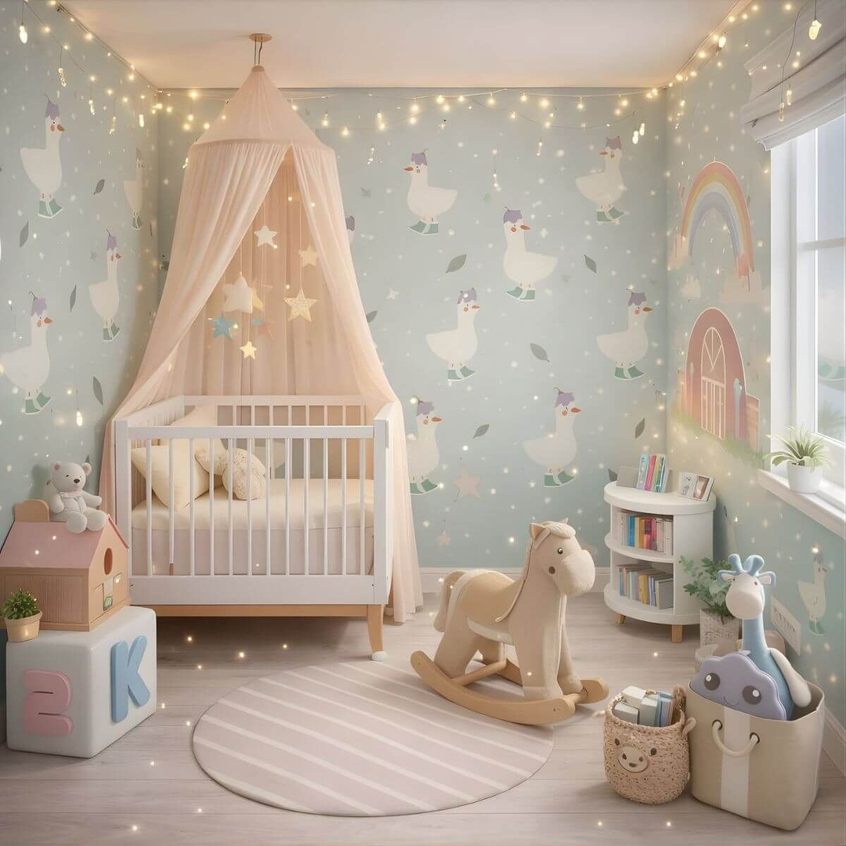 Small pastel nursery with goose wallpaper, white crib under a soft canopy, warm fairy lights, and a round rug.