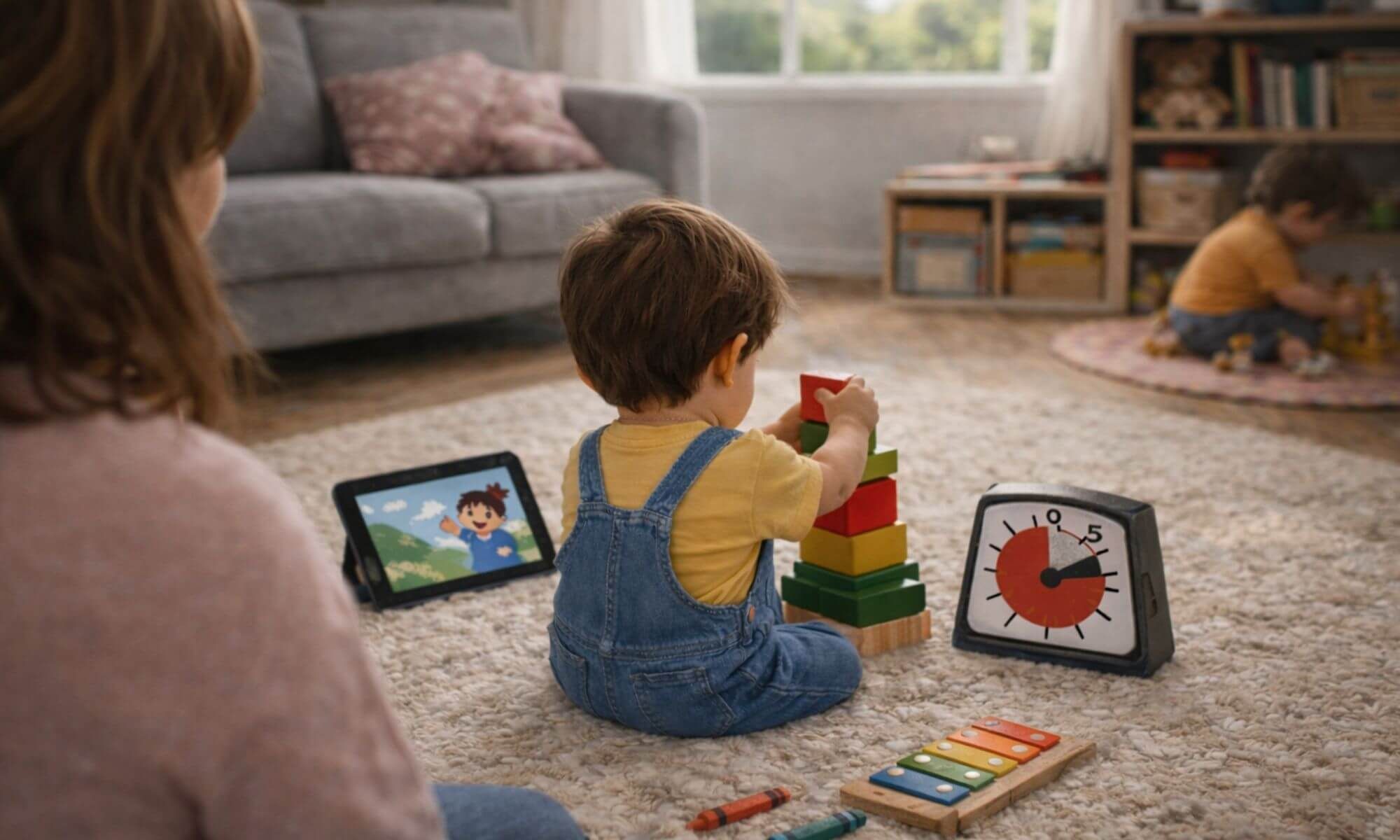 A toddler stacking wooden blocks beside a tablet on a cozy living room rug.