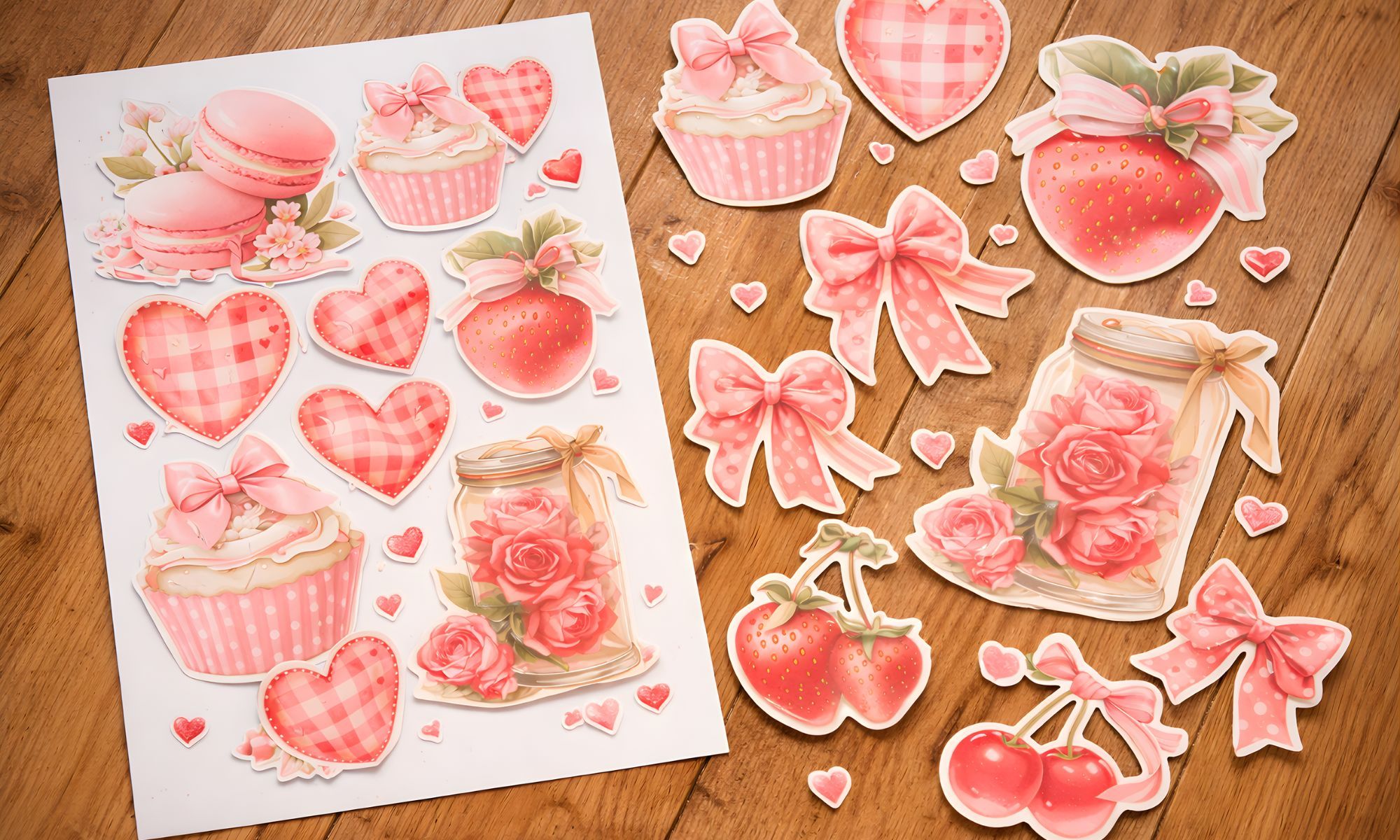 Printable Valentine's Day cards and stickers styled with soft clipart and warm pastel accents.