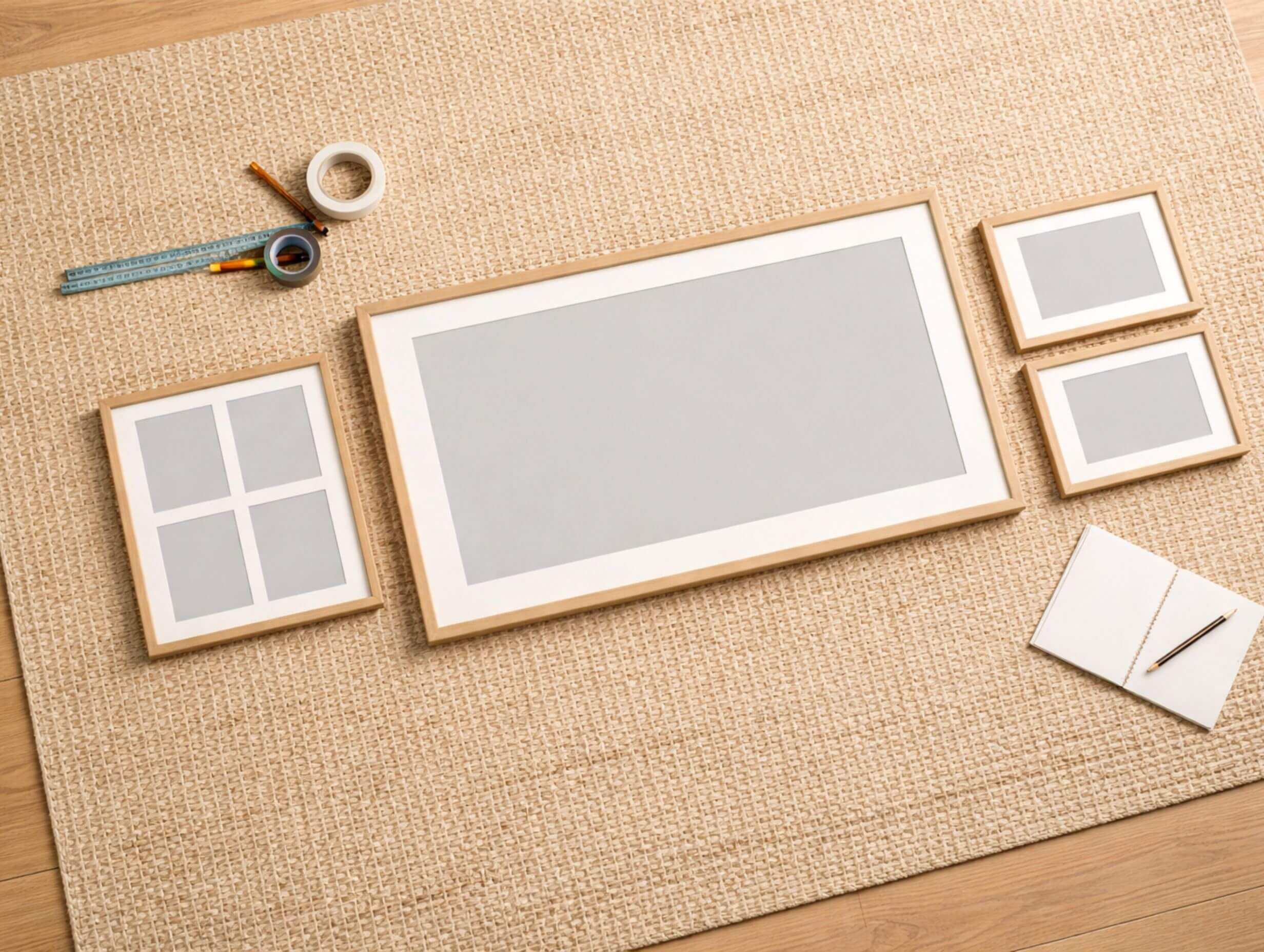 Nursery gallery wall frames arranged on the floor before hanging (spacing test).