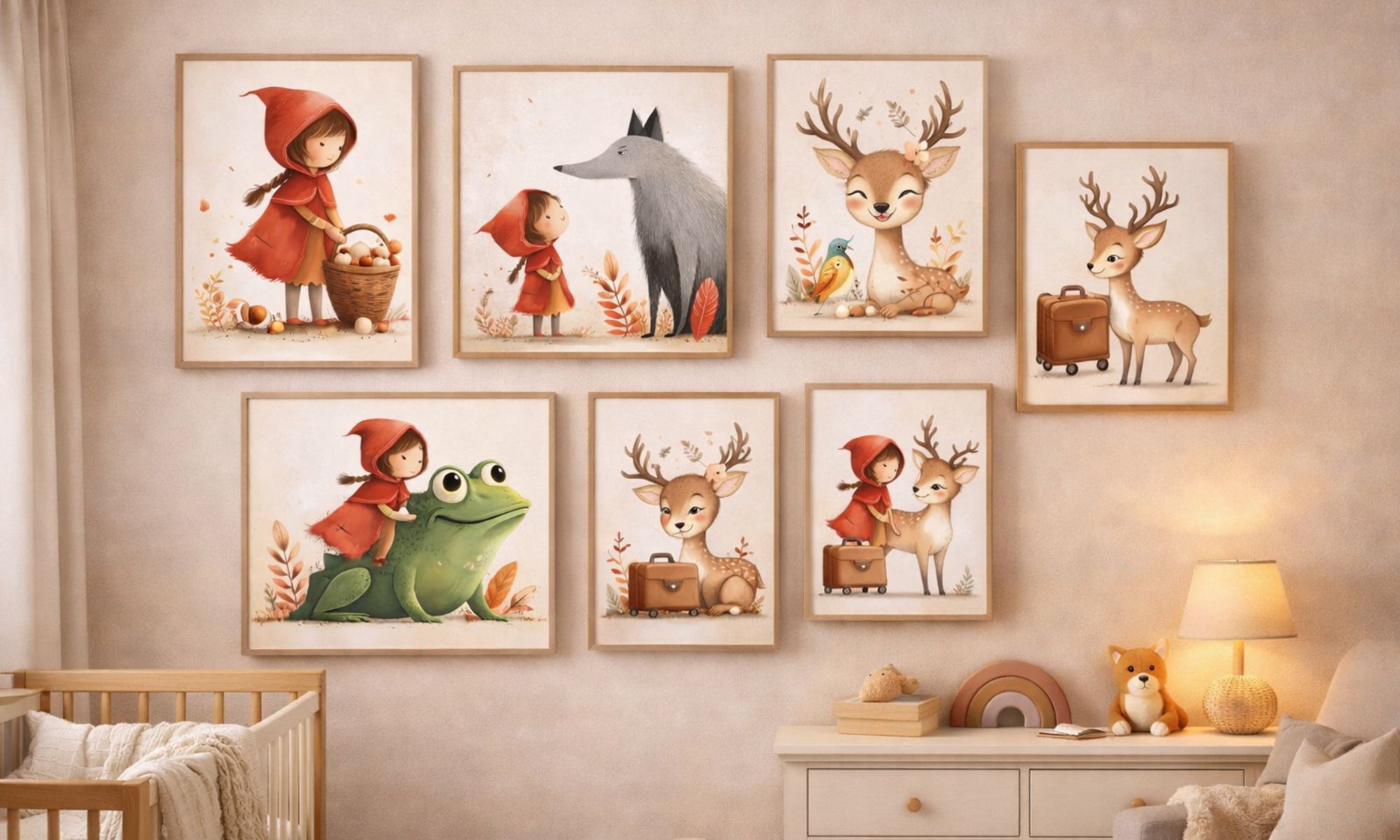 Watercolor woodland nursery wall art prints styled in a cozy kids room